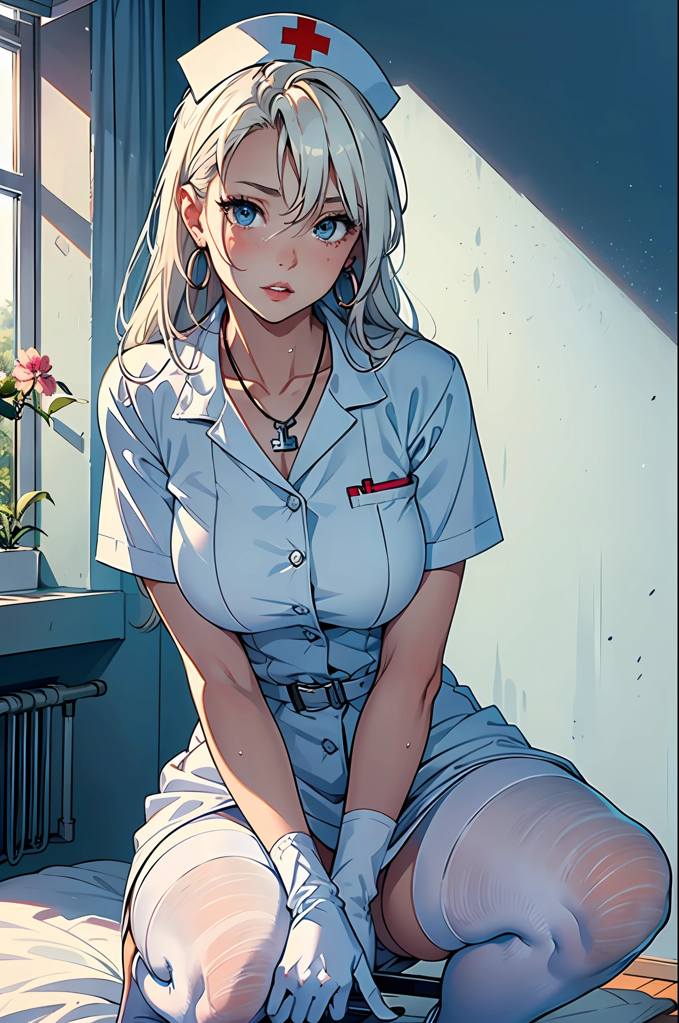 1girl in, (Solo:1.2), (Beautiful and detailed eyes description), (beautiful and detailed face), Perfect female body, neat figure, Slender waist, (20 years old), Long hair, Platinum Blonde Hair, Very big eyes, Blue eyes, medium breasts, blush, Shy, watery lips, Nurse, (nurse dress), Nurse Cap, (White Gloves:1.2), (White pantyhose), high-heels, Necklace, earrings, Indoors, school nurse, Hospital bed, window, White curtains, Sunlight, Squatting, (Best Quality), (ultra-detailliert), (masutepiece), (hight resolution), (Original), (the Extremely Detailed CG Unity 8K Wallpapers), Character Design, Game CG, Detailed Manga Illustration
