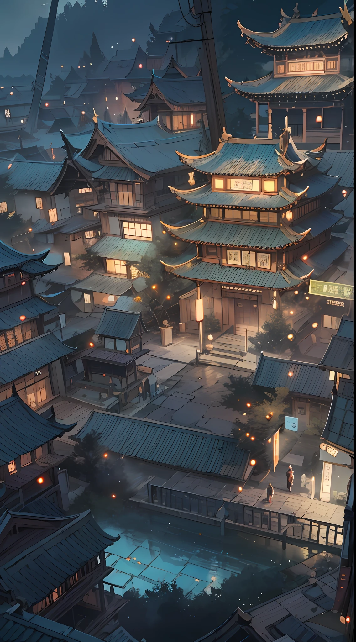 Screenshot of a small Chinese town, Dark white and light gold style, Dramatic, Melancholic religious works, Art germ, Dynamic and expressive animations, fairy academia, Imposing monumentality, Light blue and dark beige ,32k ULTRAHD, Best quality, Masterpiece, Super detail, High details