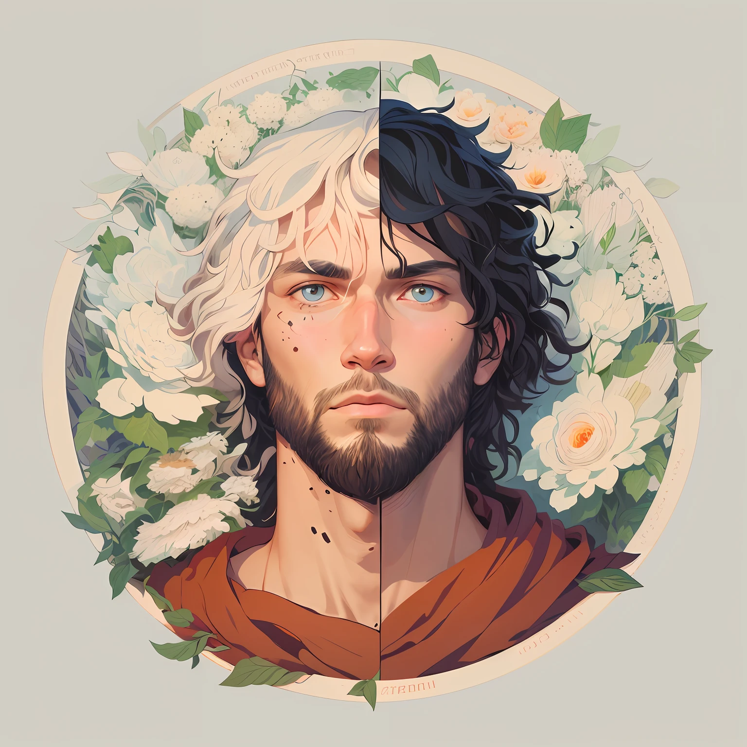 A drawing of a man with long hair and beards in a circle, official illustration, fanart detalhado, official character illustration, fantasy rpg symmetrical portrait, fanart requintada altamente detalhada, linha de trabalho detalhada, linha limpa, symmetrical face orelsan, full art illustration, Laurie Greasley e James Jean, trabalho de linha extremamente detalhado, simetria!! Retrato de Hades