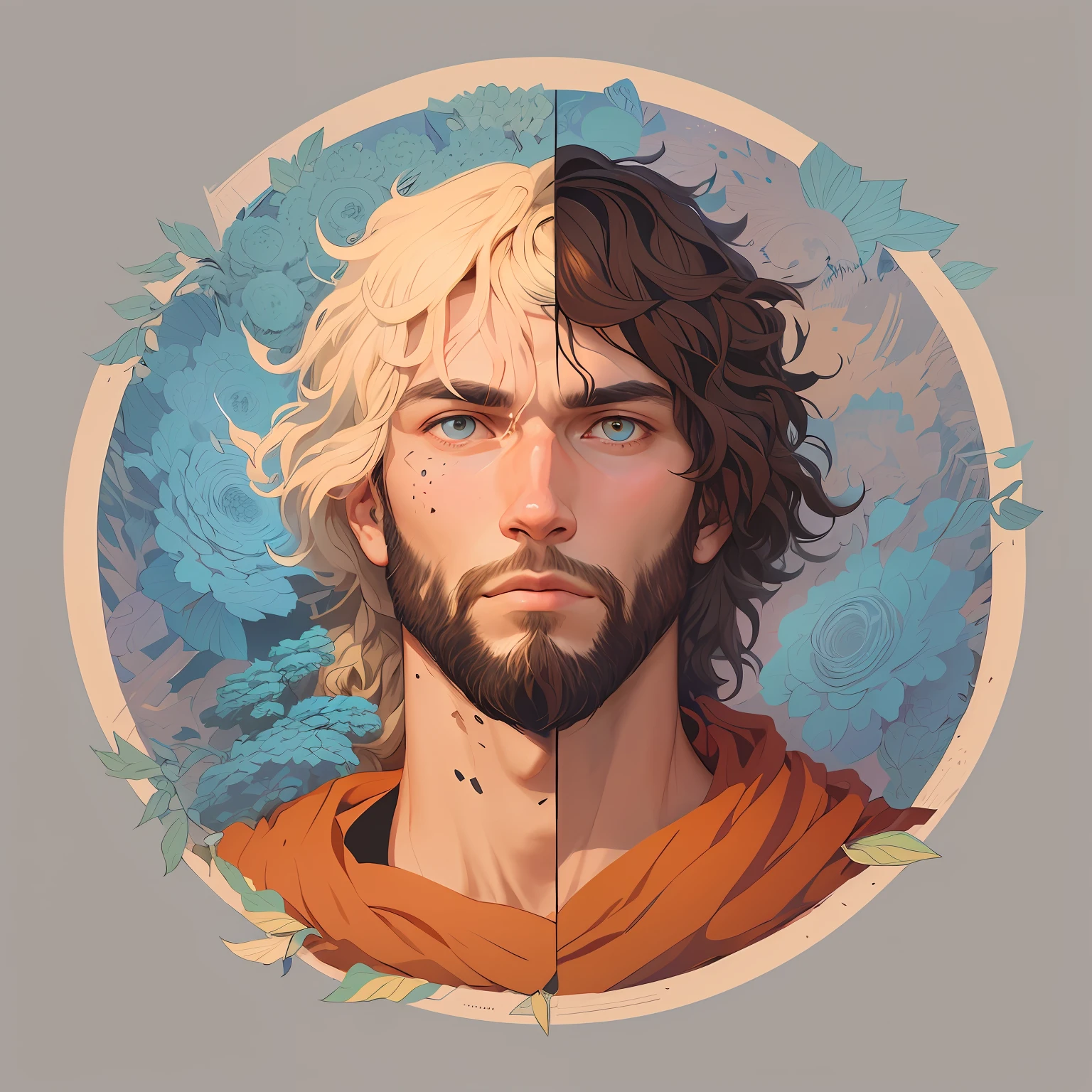 A drawing of a man with long hair and beards in a circle, official illustration, fanart detalhado, official character illustration, fantasy rpg symmetrical portrait, fanart requintada altamente detalhada, linha de trabalho detalhada, linha limpa, symmetrical face orelsan, full art illustration, Laurie Greasley e James Jean, trabalho de linha extremamente detalhado, simetria!! Retrato de Hades