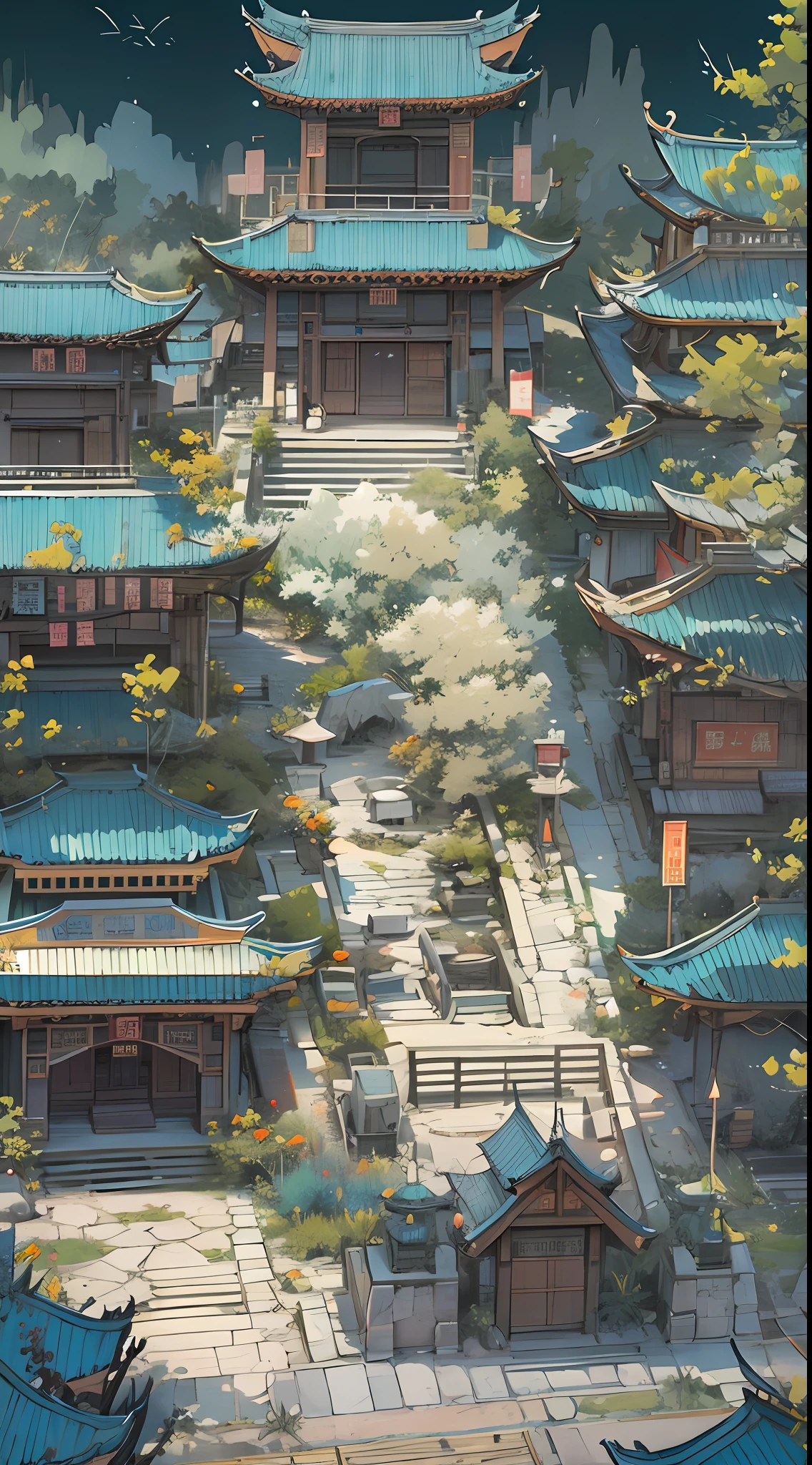 Screenshot of a small Chinese town, Dark white and light gold style, Dramatic, Melancholic religious works, Art germ, Dynamic and expressive animations, fairy academia, Imposing monumentality, Light blue and dark beige ,32k ULTRAHD, Best quality, Masterpiece, Super detail, High details