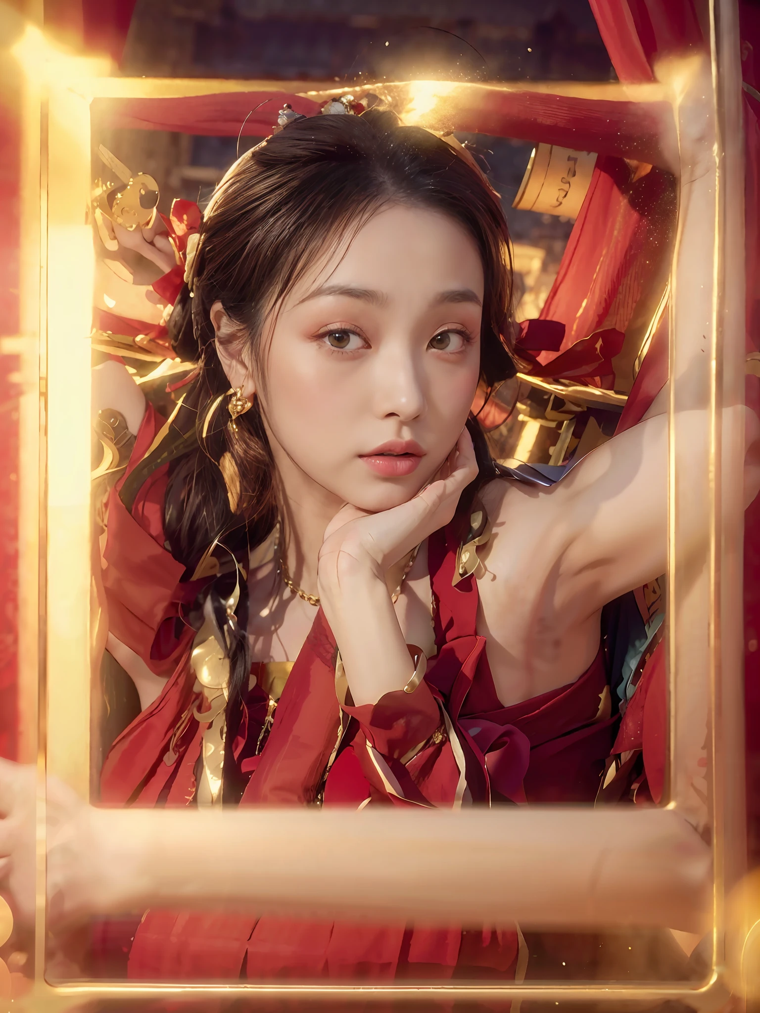 (8k, RAW photo, best quality, masterpiece:1.2), (realistic, photo-realistic:1.4), (extremely detailed CG unity 8k wallpaper), (1 girl:1.5), Western beauty, (Red clothes: 1.4), red spots on forehead, pale skin, blush, big eyes, full body, thighs, open navel, gold waist chain, gold jewelry, flying ribbons, particles, background is Loulan ancient city, ancient city wall, desert, dance, dunhuang_dress, dunhuang_style,