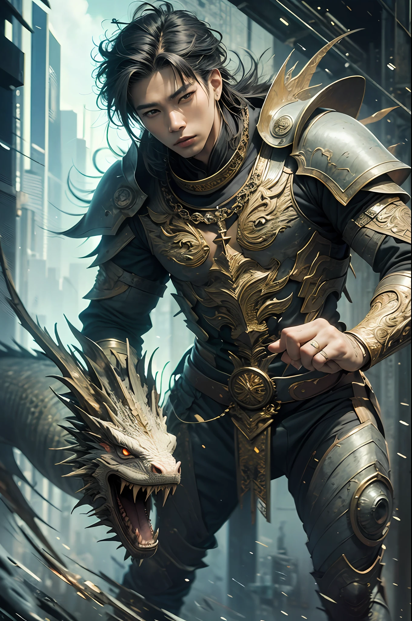 masterpiece, best photo, realistic, highly detailed, a Vietnamese handsome men, dragon pet, perfect body, best amor --auto --s2