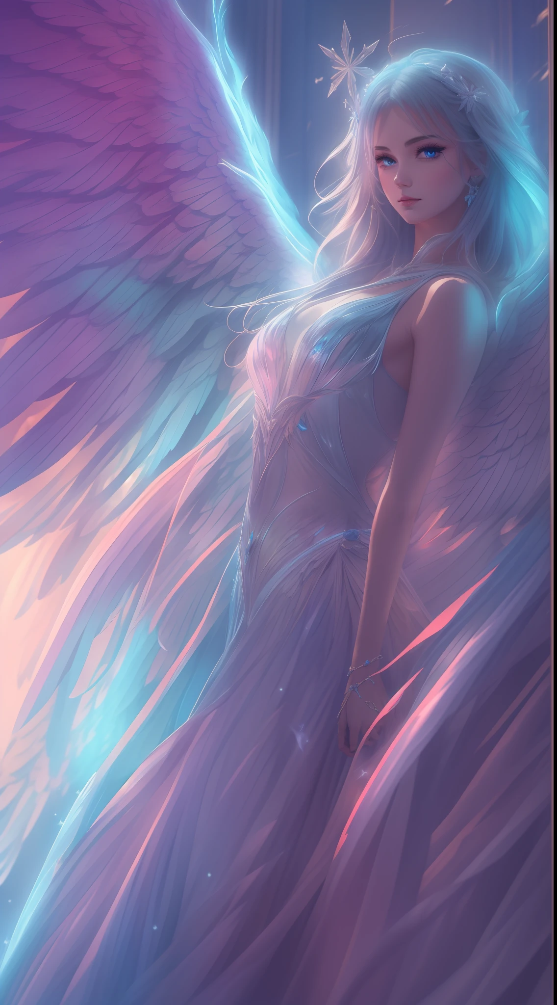 The best，tmasterpiece，CG，8K，Wallpapers，Best light and shadow，Blue Angel，angelicales，the angel's wings，icey，Ice-colored flames