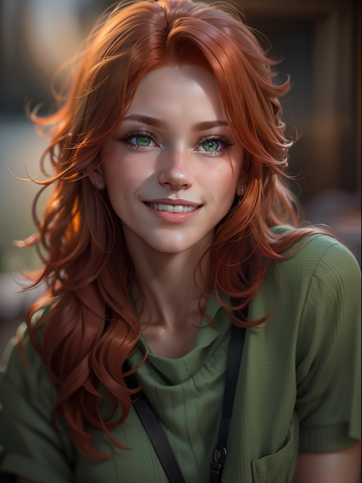 handsome girl, close - up, smiling at the viewer, redhead hair, green colored eyes, (8K, photo in RAW format, beste-Qualit, tmasterpiece:1.2),Ultra-detailed, (high-detailed skin:1.2), 8K UHD, DSLR camera, soft-lighting, hiquality