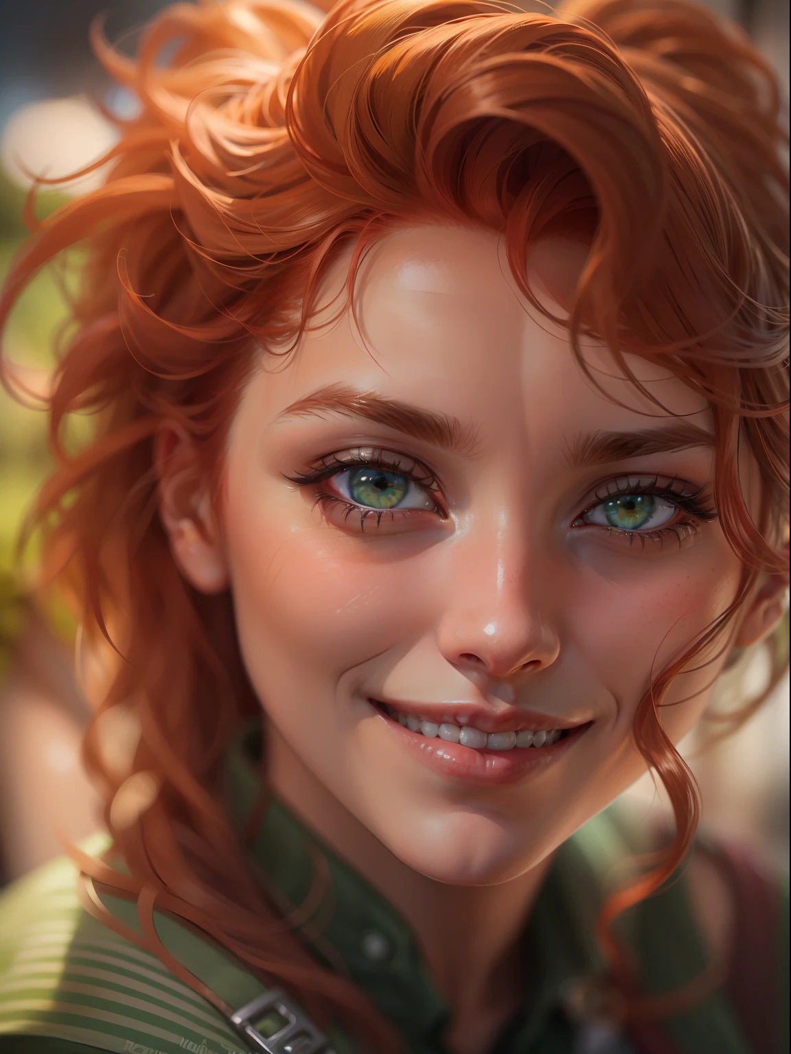 handsome girl, close - up, smiling at the viewer, redhead hair, green colored eyes, (8K, photo in RAW format, beste-Qualit, tmasterpiece:1.2),Ultra-detailed, (high-detailed skin:1.2), 8K UHD, DSLR camera, soft-lighting, hiquality