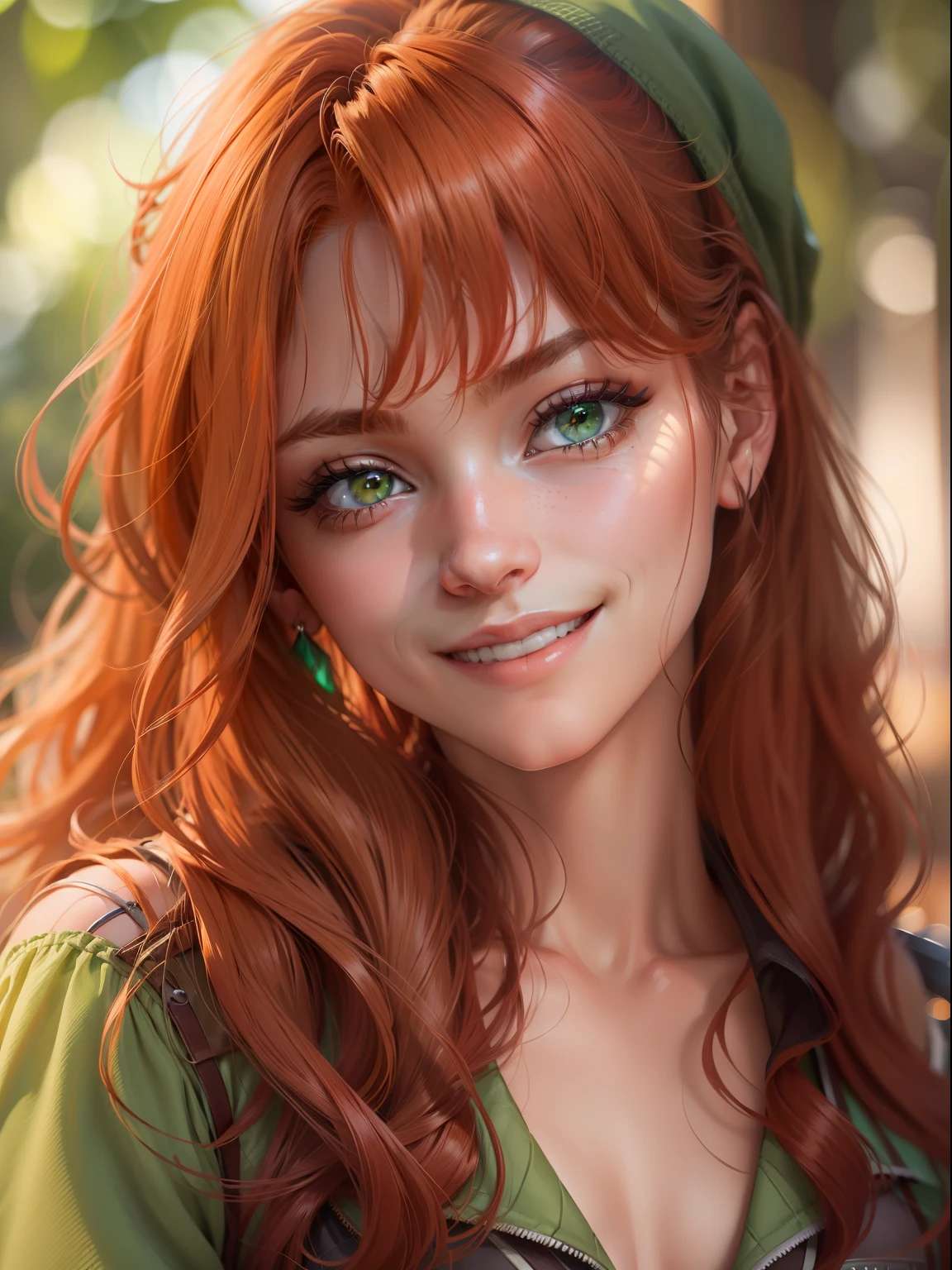 handsome girl, close - up, smiling at the viewer, redhead hair, green colored eyes, (8K, photo in RAW format, beste-Qualit, tmasterpiece:1.2),Ultra-detailed, (high-detailed skin:1.2), 8K UHD, DSLR camera, soft-lighting, hiquality