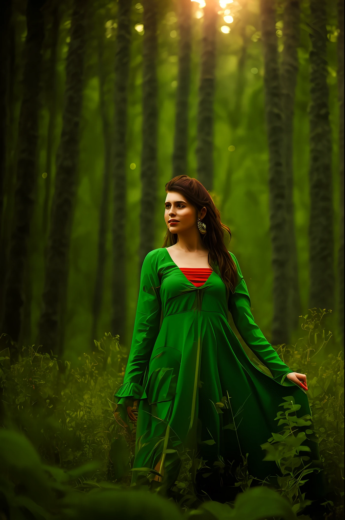 araffe woman in red dress standing in a field of tall grass, girl wears a red dress, Sun light in background, woman in a dark forest, amidst nature, raining portrait, pretty girl standing in the rain, wearing a red dress, looking majestic in forest, in green forest, girl walking in dark forest, in forest, wearing a red outfit, red and cinematic lighting