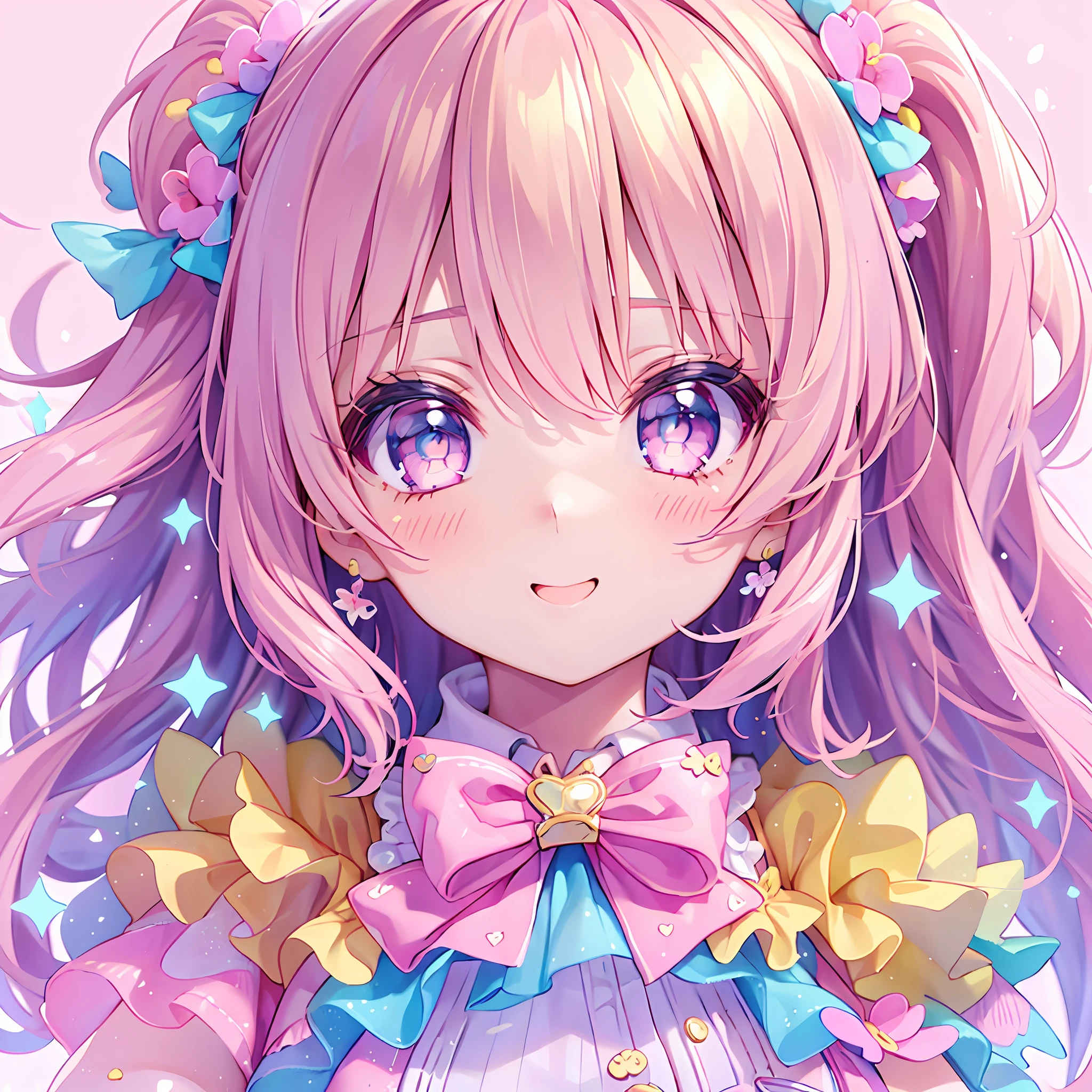 (1girl), idol, closeup, eyes, kawaiitech, kawaii, cute, pastel colors, best quality, happy, deep background