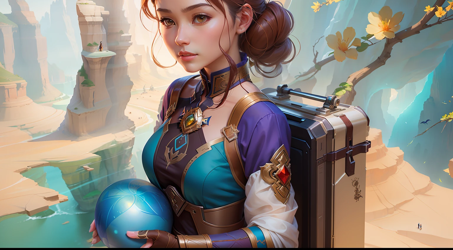 There is a woman standing on a canyon cliff playing the violin,Works of art showcasing the Guvez style,Take G Willow and Alice X. Zhang's style is inspiration,Incorporating elements of Nguyen Jia and Artgerm,Beautiful character art that presents fantasy art style,Like a beautiful digital work of art,A fusion of Artgerm and Ruan Jia's creative styles。 --auto