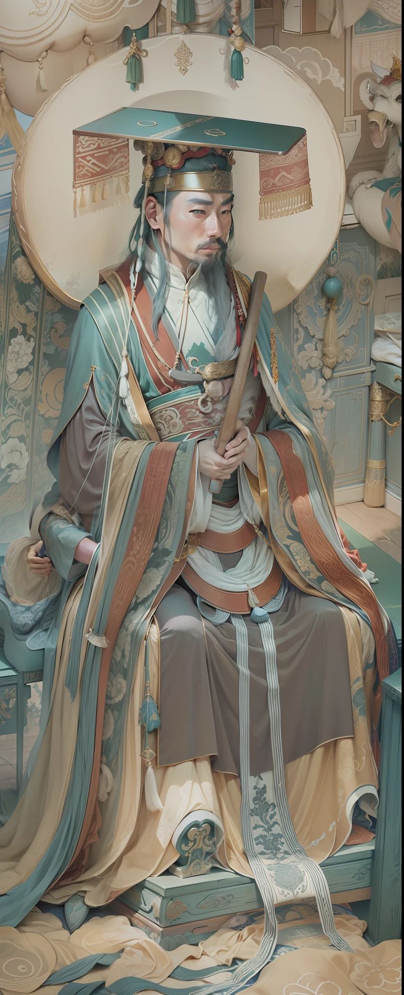HighestQuali,The Jade Emperor in the Sanqing Hall,Sit on a wooden throne carved with intricate patterns and the armrests of the dragon head seat,Perak wears the crown of the Chinese emperor,Rest is still super,Handheld wat board,Yuan Dynasty emperor costume,Robe,Side view,full lenght shot,photo-realistic,Soft shadows,no contrast,clean sharp focus,Shot on the Sony A7IV,Sigma 50mm F1.4,filmgrain,Natural lighting,Professional color grading, --auto