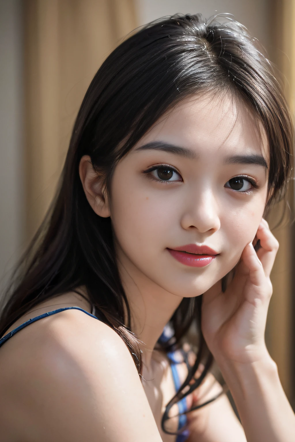 (超A high resolution、realisitic、realisitic、top-quality、Photorealistic Photorealistic)、(8K、OriginalPhotographs、top-quality、masterpiece)、(photon maping、Teleportion、Physically Based Rendering、auto white balance)、A sense of technology、top-quality、masterpiece、illustratio、CG、Unity、wall-paper、Official Art、astonishing、finely detail、An Extremely Refined and Beautiful、ighly detailed、ighly detailed、clear focus、Rich background、blurry backround、(real life、fully body photo)、 (((High Detail Skin、Visible Pore)))、((close up of face)))、((middlebreast))、Chinese and Korean and Japan average beauties in their 20s、Ren Hao、Seductive look、Kagami、Slouched、a smile、slightly sweaty