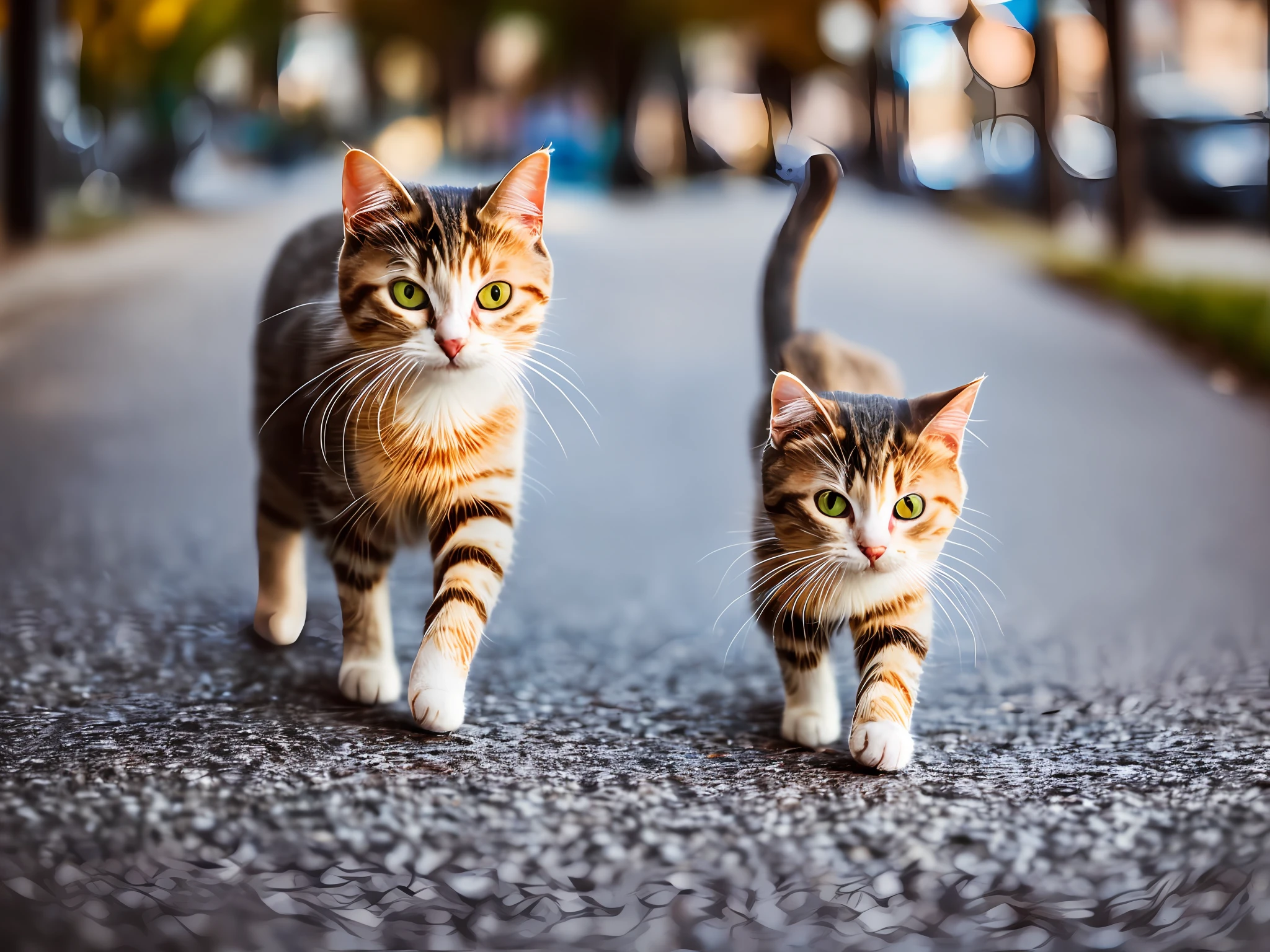Closeup of a Cute tabby cat walking down the sidewalk in an urban environment --auto