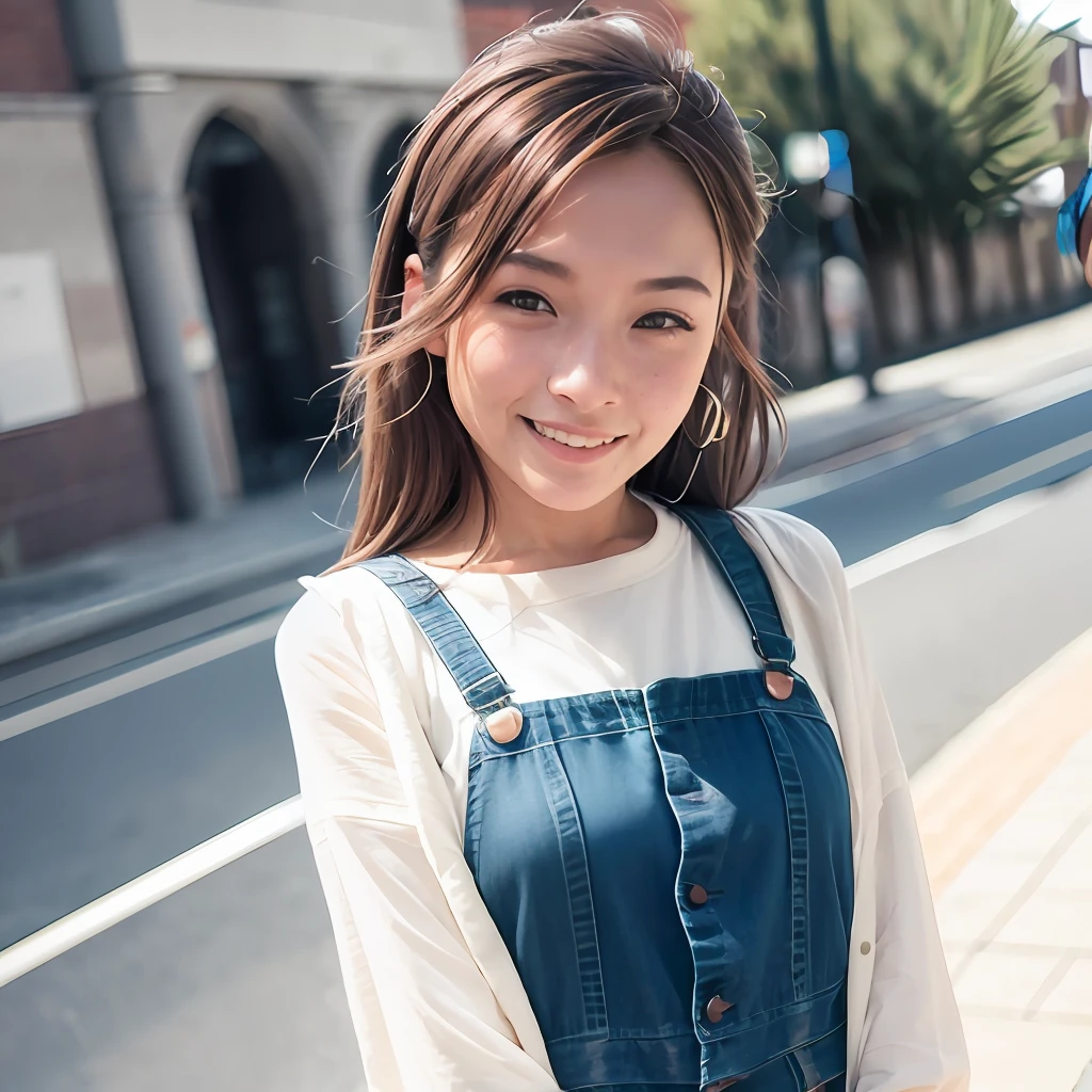 The girl smiled in front of the camera