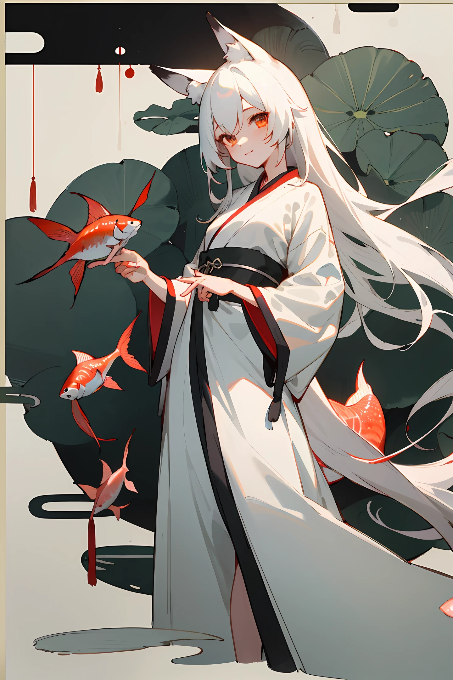 ((4k,masterpiece,best quality)), shuimobysim, traditional chinese ink painting, lotus,  hanfu, maxiskit, dress conservatively
1 girl, solo, white hair, long hair, fox ears, white, bikini, fish, many fish near girl, look at viewer, tease