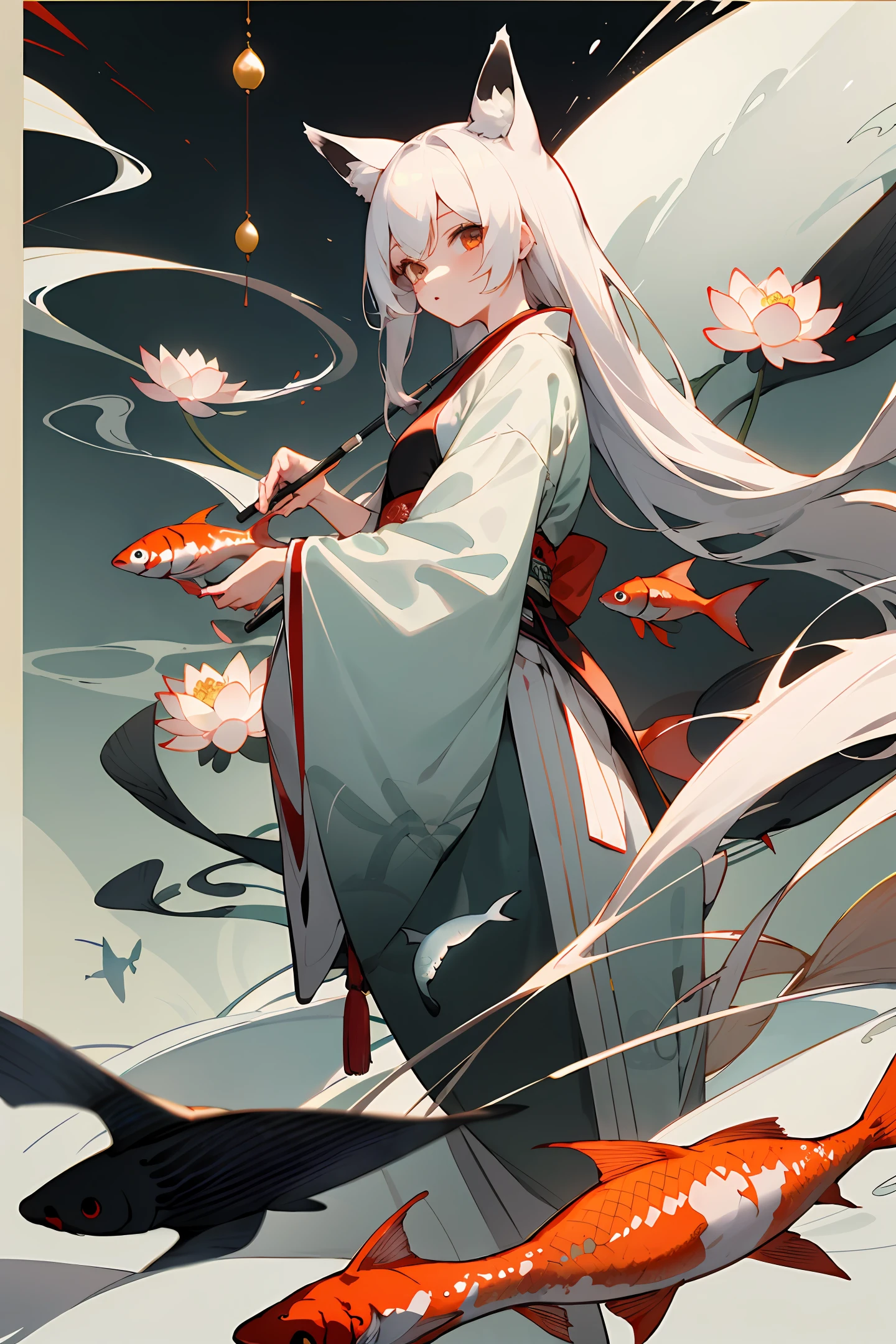 ((4k,masterpiece,best quality)), shuimobysim, traditional chinese ink painting, lotus,  hanfu, maxiskit, dress conservatively
1 girl, solo, white hair, long hair, fox ears, white, bikini, fish, many fish near girl, look at viewer, tease