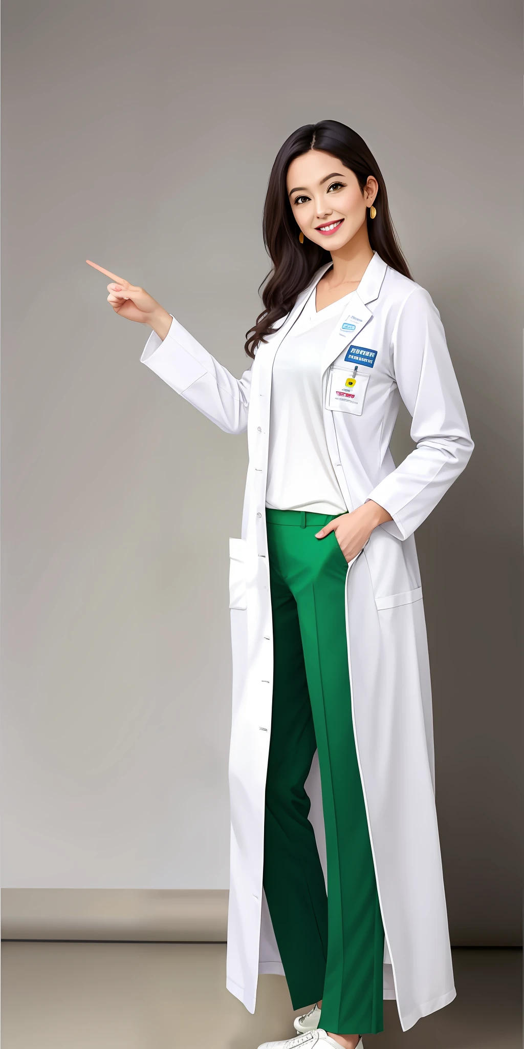 a woman in white coat and green pants, sorridente, in the age group of 30 years, usando sapatos brancos, right hand pointing only with the index finger to the side, dedos perfeitos proporcionais e bem definidos, corpo inteiro, (PERNAS INTEIRAS), usando sapatos brancos brilhantes, vestindo um jaleco 100% Branco, vestindo jaleco e blusa, sapatos scarpin brancos, 8k, UHD, Avental branco, Jaleco, White lab coat, jalecos, Jaleco, usando jaleco, jaleco e camiseta, vestindo jaleco, usando jaleco, roupas verdes e brancas, com jaleco, uniforme de enfermeira, sapatos brancos