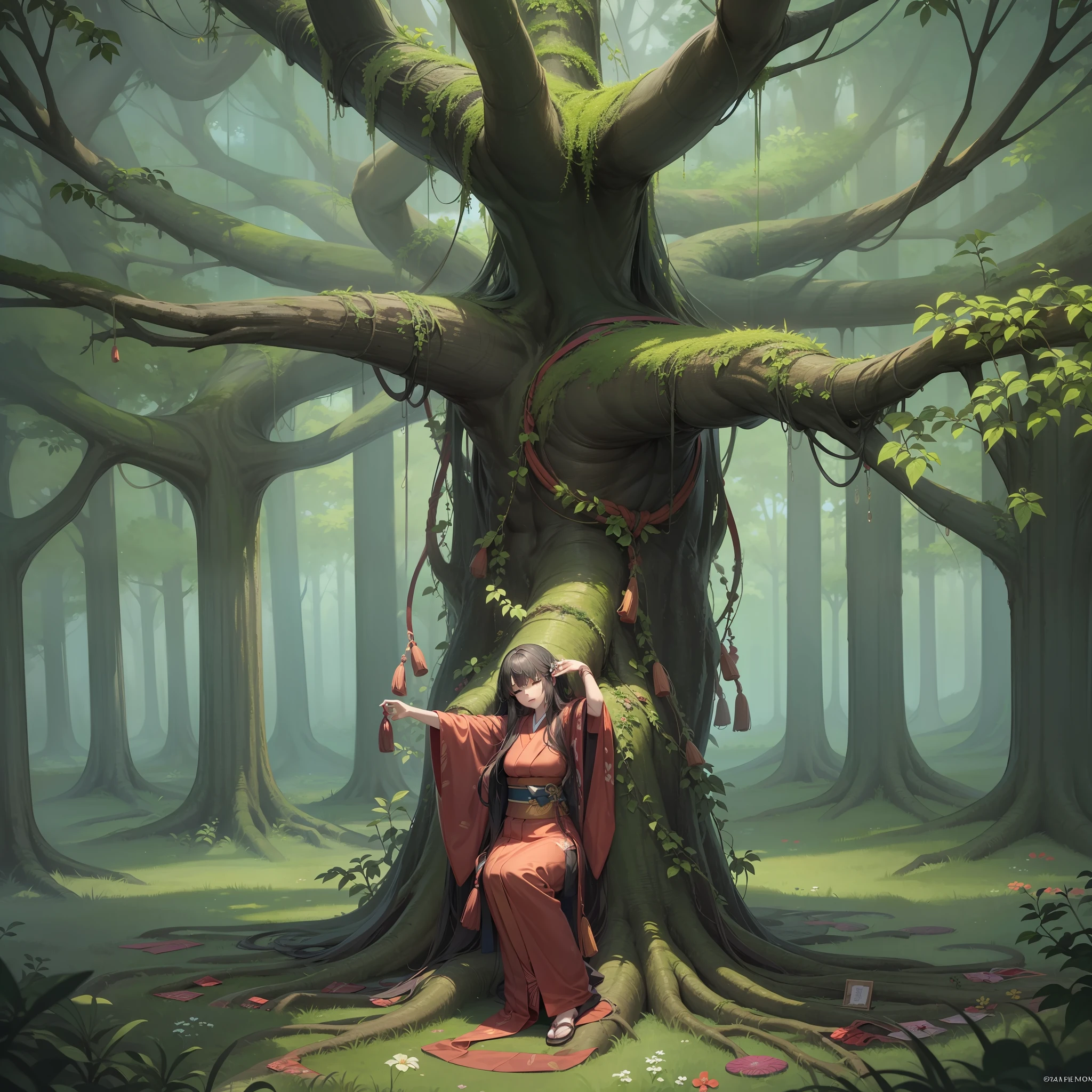 In the middle of a deep forest, A big tree, Man embedded in an unnatural tree, Man entangled in ivy, Twist Arm, Twisted body, Swirling body, Deep in the forest, Assimilate with nature, japanes, Whole body, Faithful reproduction of a real human being, Very realistic, High quality, 8k resolution Photorealistic masterpiece