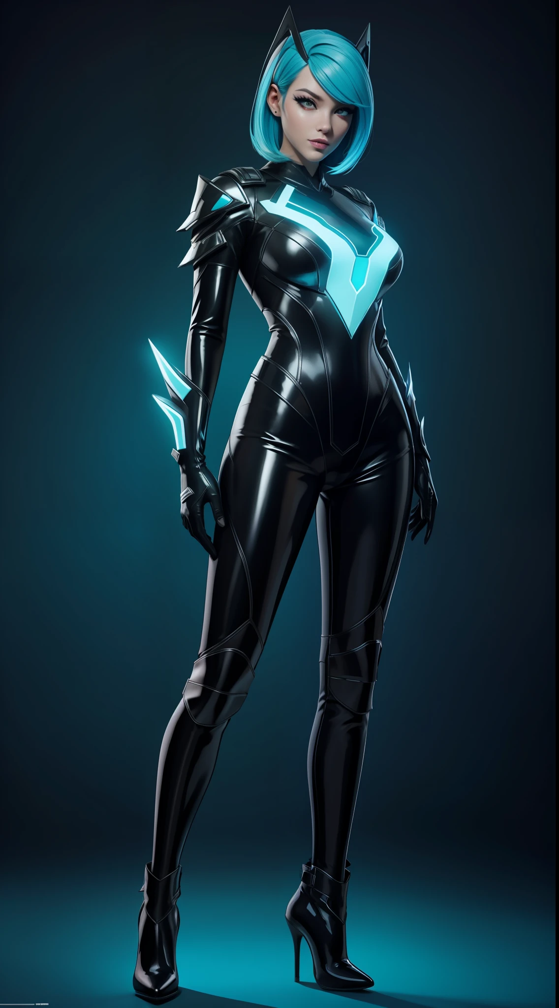 solo, super fine photo, upper half body photo portrait Unreal Engine 5 8K UHD, black and white color scheme futuristic tight and thick latex armor suit, slim body, futuristic design, latex long glove, latex high heels boots, cyan neon light details, beautiful make up, best quality, masterpiece, unified 8k wallpaper, super detailed, sharp focus, sexy pose,