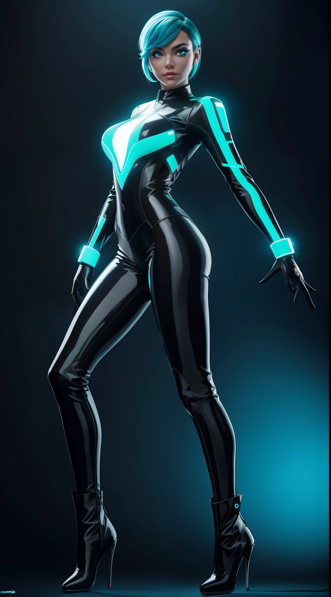 solo, super fine photo, upper half body photo portrait Unreal Engine 5 8K UHD, black and white color scheme futuristic tight and thick latex armor suit, slim body, futuristic design, latex long glove, latex high heels boots, Tron Legacy cyan neon light details, beautiful make up, best quality, masterpiece, unified 8k wallpaper, super detailed, sharp focus, sexy pose,
