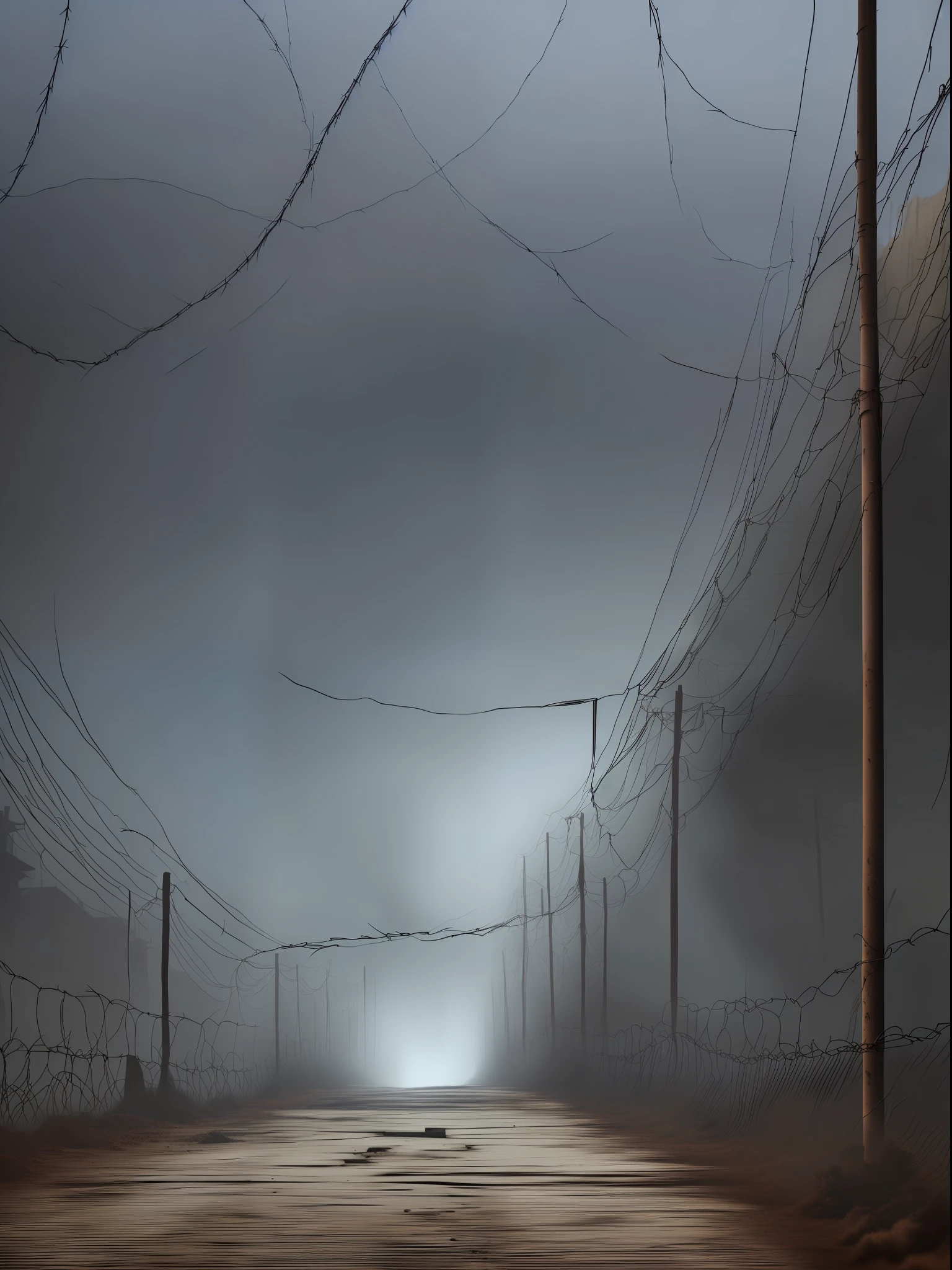 Horror, barricades made of boards and barbed wire, Post-apocalypse, monsters in the style of Silent Hill, High- sharpness, Overcast, Heavy fog, Rust
