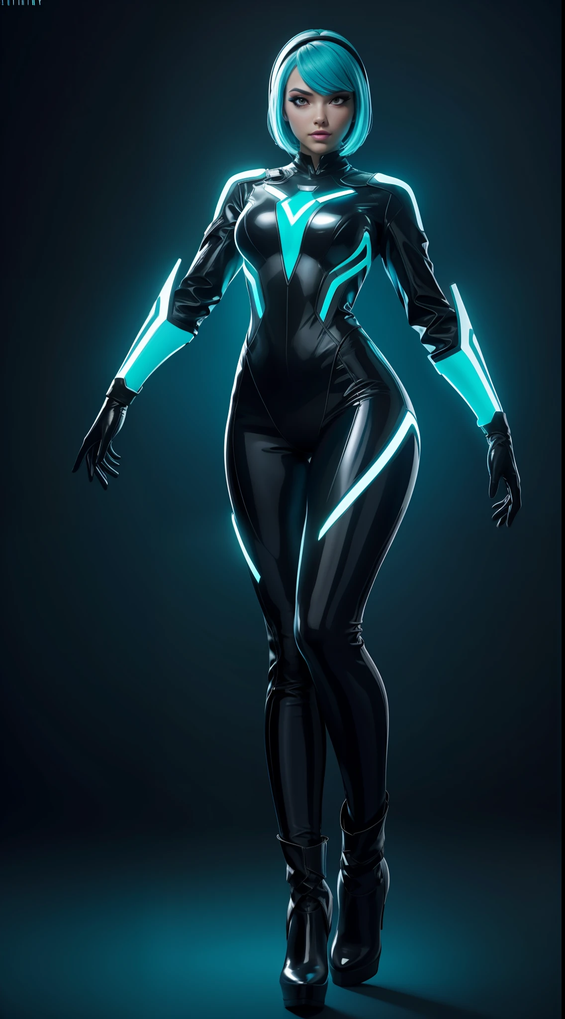 solo, super fine photo, upper half body photo portrait Unreal Engine 5 8K UHD, black and white color scheme futuristic tight and thick latex armor suit, slim body, futuristic design, latex long glove, latex high heels boots, Tron Legacy cyan neon light details, beautiful make up, best quality, masterpiece, unified 8k wallpaper, super detailed, sharp focus, sexy pose,