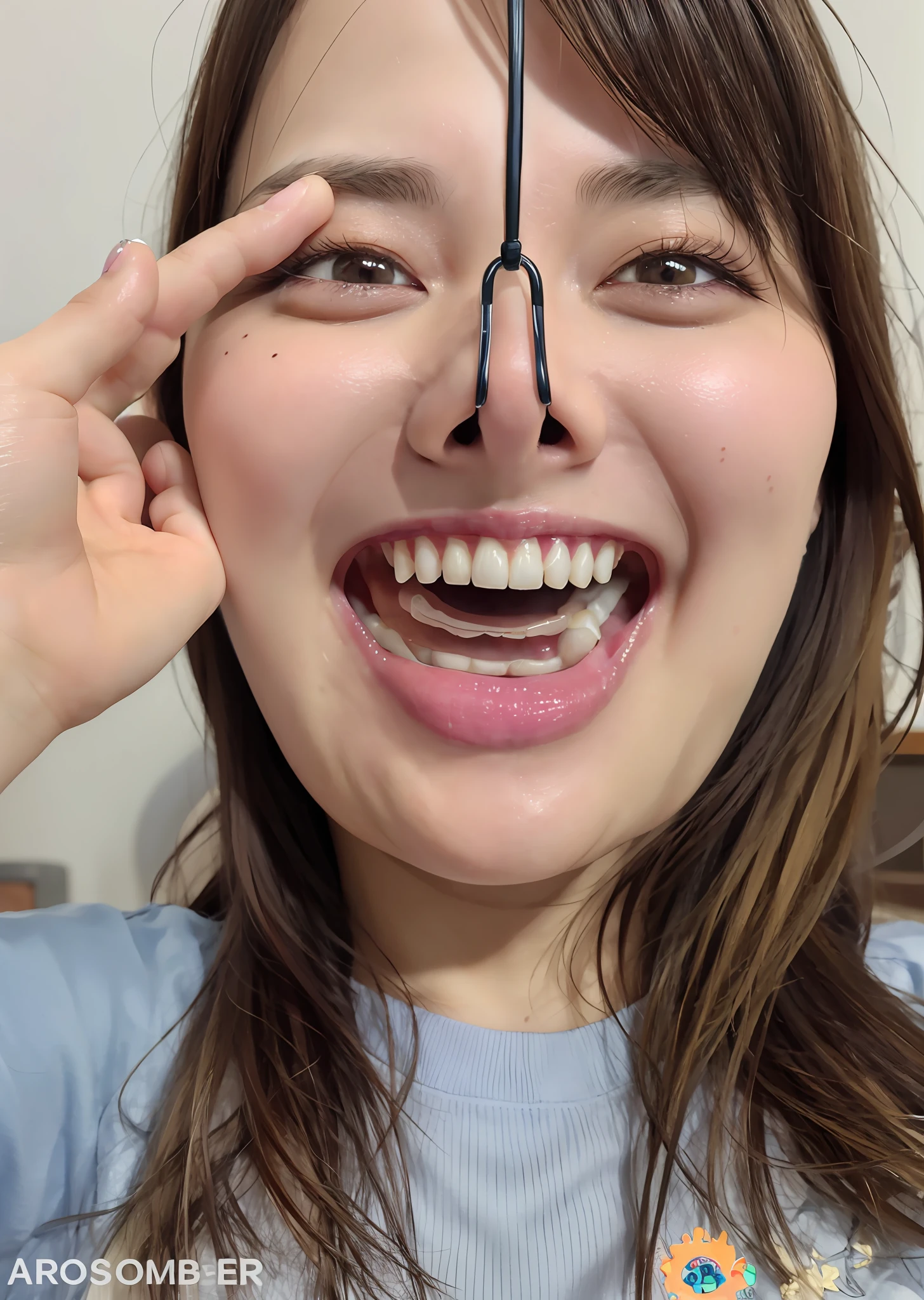 (best quality, Ultradetailed:1), young girl, upper body, front lighting, front pov,open mouth , fun expression