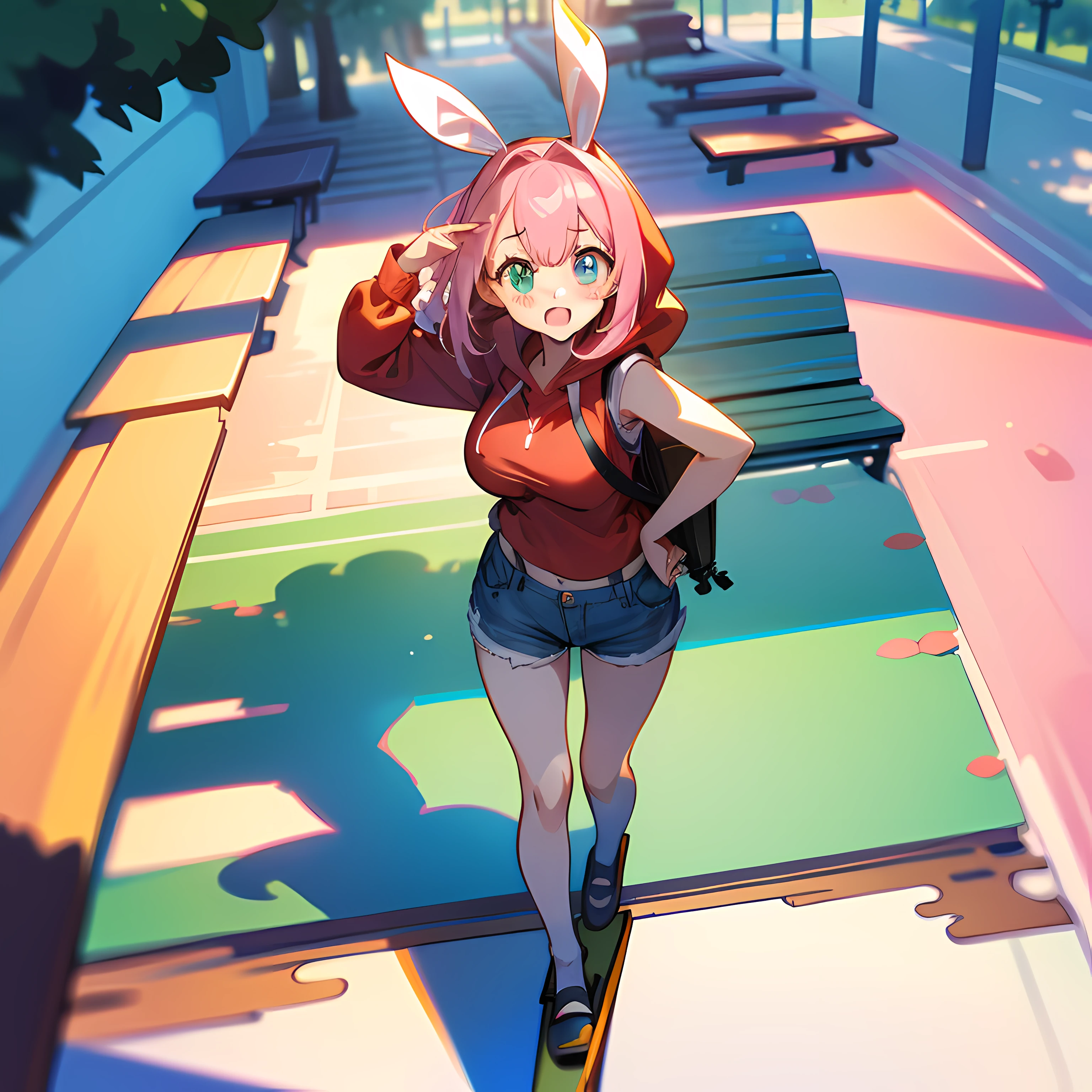One girl. (masutepiece, of the highest quality, Kyoto Animation Style Illustration, of the highest quality, Official art, aesthetics, Beautiful details, :1. 2), BREAK, (17 years old girl), Very detailed, colourfull, highest details, BREAK, (Huge breasts: 1. 2,), Clear skin, Beautiful skin, Shy skin, with fringes, 1 beautiful girl, BREAK HA, 1 beautiful girl, Solo, (Heterochromia, light blue eyes and light green eyes), silhouette of star eyes, Solo, Standing figure, Happy, :D, Princess Eyes, huge tit, BREAK, braid, Light pink hair, Semi-long hair, Red ribbon at the end of the braid,girl with), Very detailed, colourfull, highest details, BREAK (girl, Cute, Cheerful, Loli face, A dark-haired、a short bob、tareme, gleaming skin, Hugging a stuffed rabbit, Playboy Bunny, Solo, (Jeans shorts:1.1),(Red Sleeveless Hoodie:1.2),BREAK,Walking,Surprised face when meeting an acquaintance,BREAK,(In the room of the park:1.3),(blocky, Benches, seesaw:1.5),( A few schoolchildren),
