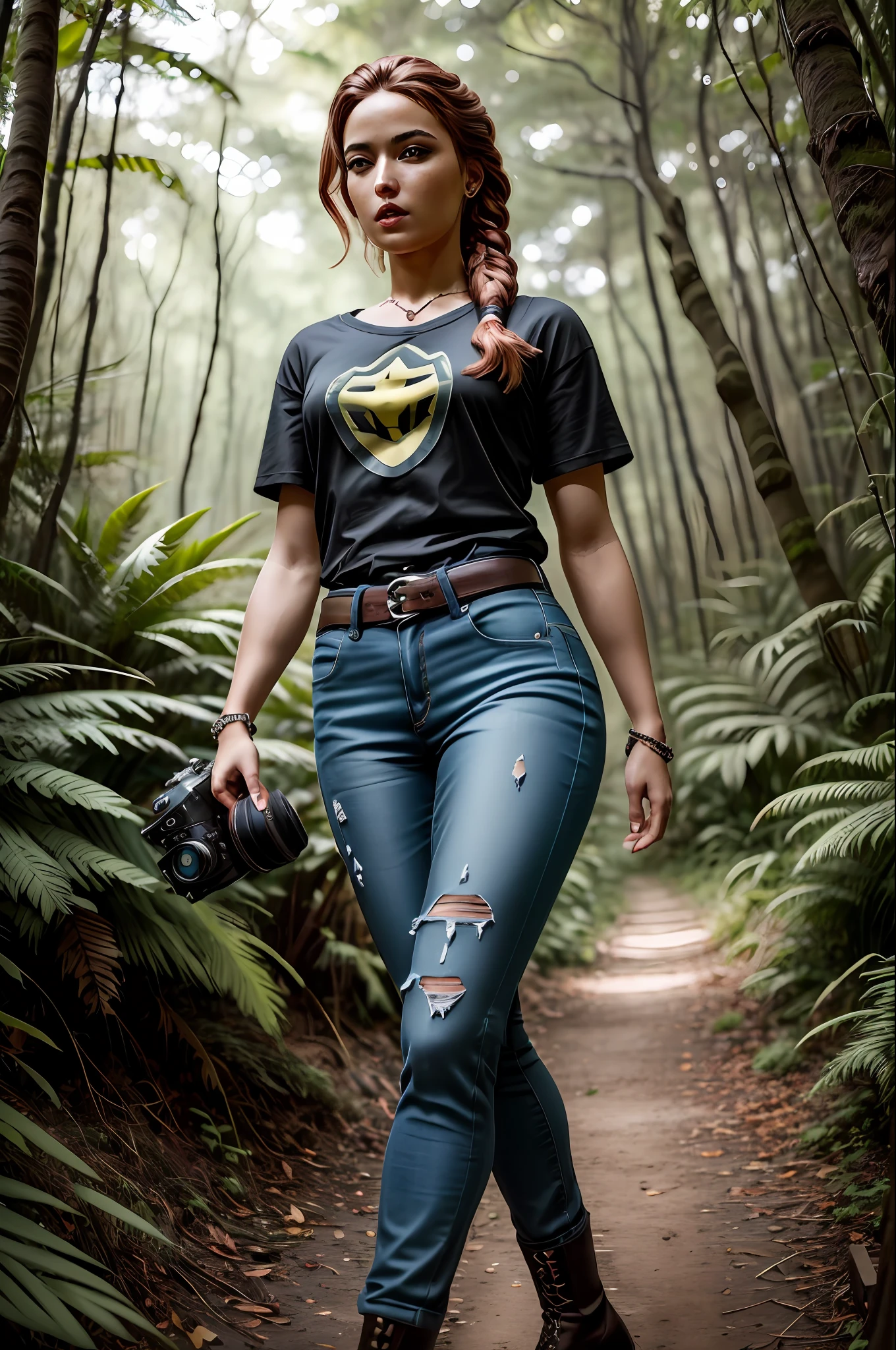 Adventurous girl, carrying DSLR camera, front image, walking in the jungle, full body, (intricate details), HDR, (intricate details, hyperdetailed:1.2), cinematic plane, centered, a beautiful cinematic masterpiece portrait of iranian girl with black weavy hair as lara croft from tomb raider, covered in dirt, treasure hunter, ((plain black basic teeshirt, full length plain tee-shirt, tight torn jeans)), ankle boots, with a complex jungle background with ancient jungle ruins, by gil elvgren, by frank frazetta, by greg rutkowski, trending on artstation, featured on pixiv, hyper detailed, beautiful studio lights, intricate elegant digital painting, cinematic composition, dramatic pose, smooth, sharp focus, (((professional photography))),dappled light, romantic, HDR, highly detailed, hasselblad, 8k, hyper realistic, eye level shot, f1.4 aperture, 8mm film grain, cinestill 800, by Jean Paul Gaultier and Jules Bastien-Lepage and Stella McCartney, (((professional photography))),dappled light, romantic, HDR, highly detailed, hasselblad, 8k, hyper realistic, eye level shot, f1.4 aperture, 8mm film grain, cinestill 800