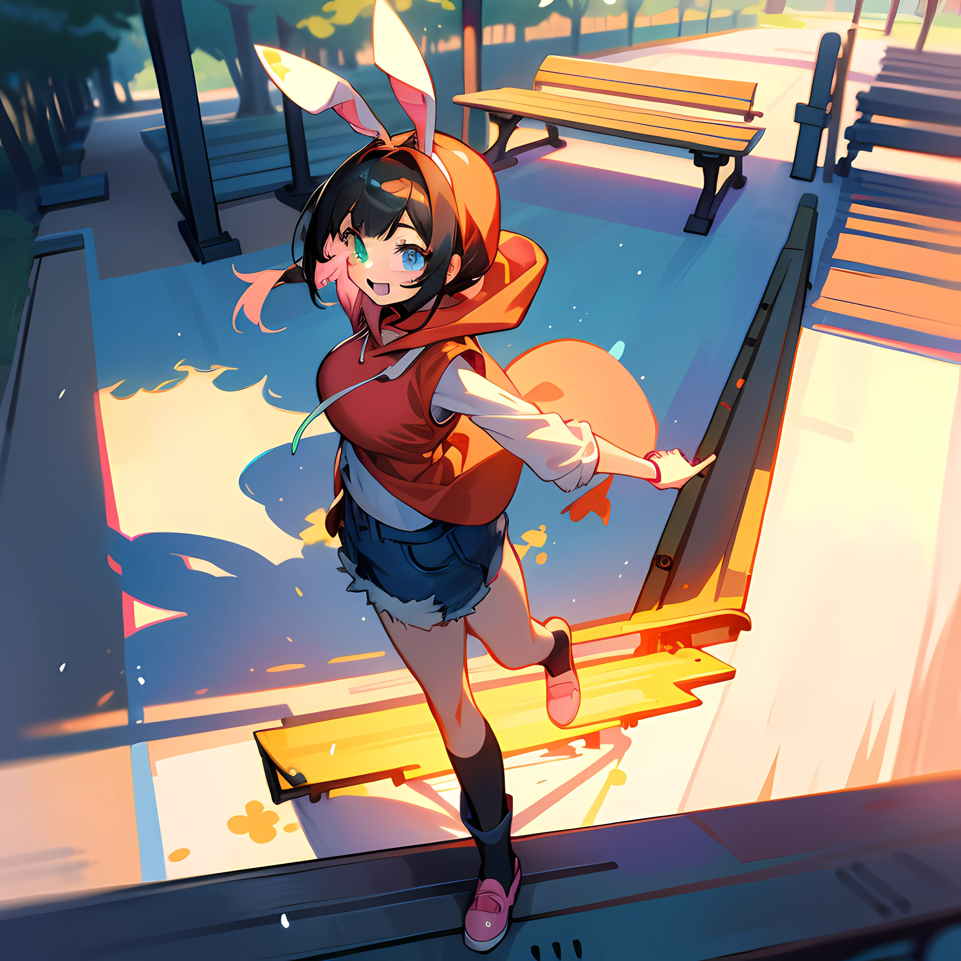 One girl. (masutepiece, of the highest quality, Kyoto Animation Style Illustration, of the highest quality, Official art, aesthetics, Beautiful details, :1. 2), BREAK, (17 years old girl), Very detailed, colourfull, highest details, BREAK, (Huge breasts: 1. 2,), Clear skin, Beautiful skin, Shy skin, with fringes, 1 beautiful girl, BREAK HA, 1 beautiful girl, Solo, (Heterochromia, light blue eyes and light green eyes), silhouette of star eyes, Solo, Standing figure, Happy, :D, Princess Eyes, huge tit, BREAK, braid, Light pink hair, Semi-long hair, Red ribbon at the end of the braid,girl with), Very detailed, colourfull, highest details, BREAK (girl, Cute, Cheerful, Loli face, A dark-haired、a short bob、tareme, gleaming skin, Hugging a stuffed rabbit, Playboy Bunny, Solo, (Jeans shorts:1.1),(Red Sleeveless Hoodie:1.2),BREAK,Walking,Surprised face when meeting an acquaintance,BREAK,(In the room of the park:1.3),(blocky, Benches, seesaw:1.5),( A few schoolchildren),
