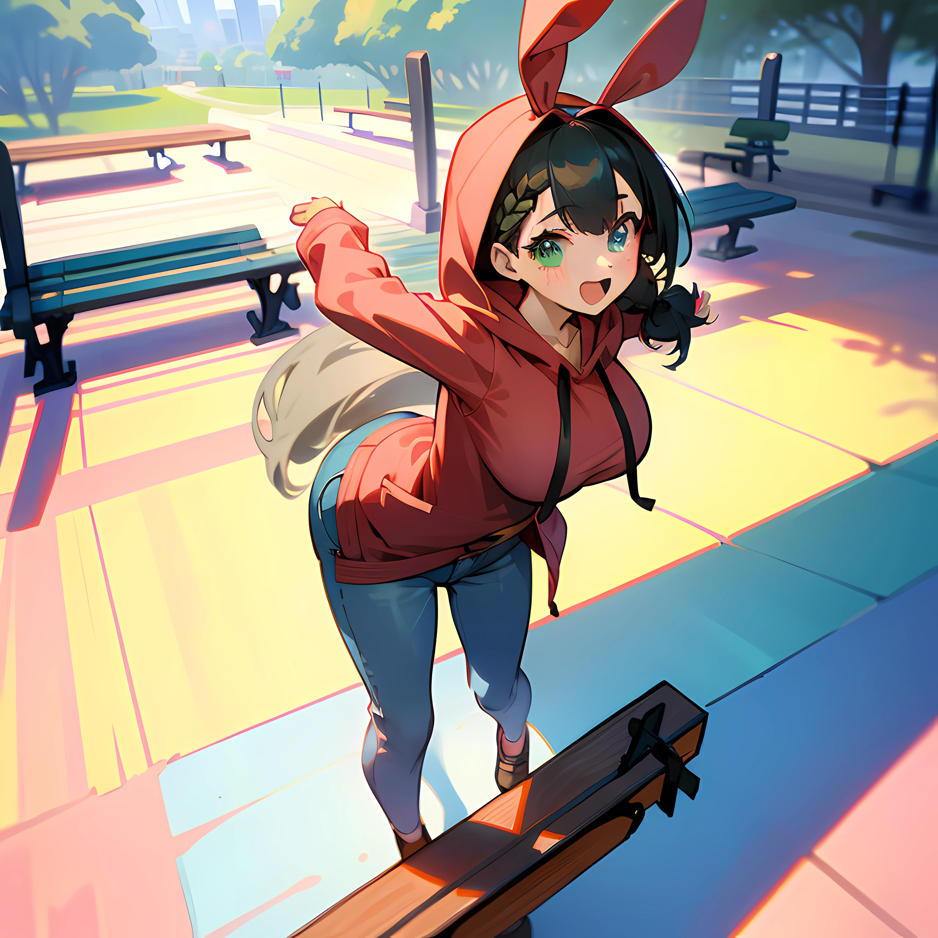 One girl. (masutepiece, of the highest quality, Kyoto Animation Style Illustration, of the highest quality, Official art, aesthetics, Beautiful details, :1. 2), BREAK, ( girl), Very detailed, colourfull, highest details, BREAK, (Huge breasts: 1. 2,), Clear skin, Beautiful skin, Shy skin, with fringes, 1 beautiful girl, BREAK HA, 1 beautiful girl, Solo, (Heterochromia, light blue eyes and light green eyes), silhouette of star eyes, Solo, Standing figure, Happy, :D, Princess Eyes, huge tit, BREAK, braid, Light pink hair, Semi-long hair, Red ribbon at the end of the braid,girl with), Very detailed, colourfull, highest details, BREAK (girl, Cute, Cheerful, Loli face, Ak-haired、a short bob、tareme, gleaming skin, Hugging a stuffed rabbit, Playboy Bunny, Solo, (Jeans shorts:1.1),(Red Sleeveless Hoodie:1.2),BREAK,Walking,Surprised face when meeting an acquaintance,BREAK,(In the room of the park:1.3),(blocky, Benches, seesaw:1.5),( A few schoolchildren),