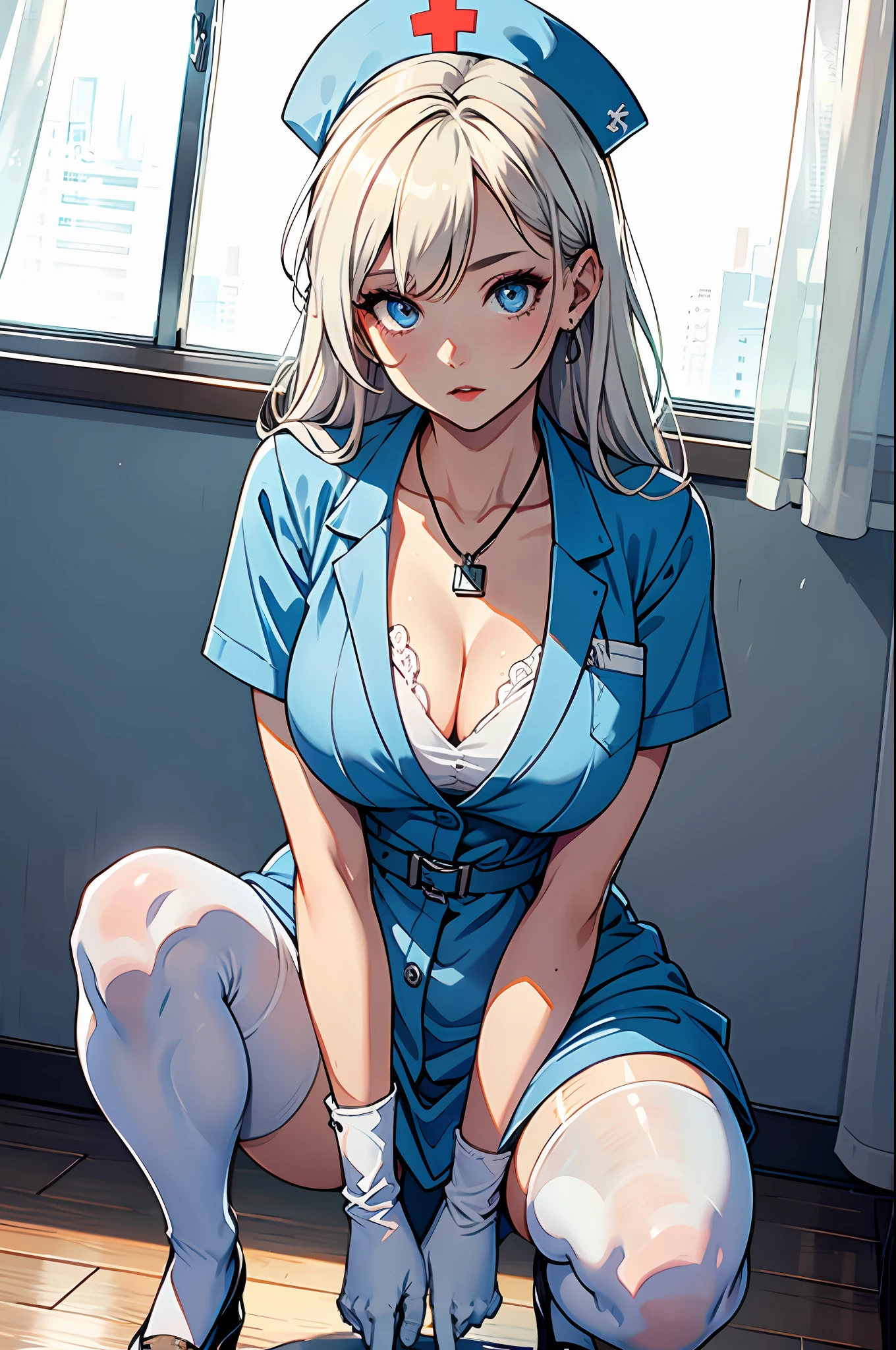 1girl in, (Solo:1.2), (Beautiful and detailed eyes description), (beautiful and detailed face), Perfect female body, neat figure, Slender waist, (Young Girl), (20 years old), Long hair, Platinum Blonde Hair, Two-side-up,Very big eyes, Blue eyes, medium breasts, blush, Shy, watery lips, Nurse, (nurse dress), Nurse Cap, Unbuttoned, (White Gloves:1.2), (White pantyhose), high-heels, a necklace, Hospital bed, White curtains, Sunlight, hand between legs, Straddling the camera, Squatting, (Best Quality), (ultra-detailliert), (masuter piece), (hight resolution), (Original), (the Extremely Detailed CG Unity 8K Wallpapers), Character Design, Game CG, Detailed Manga Illustration