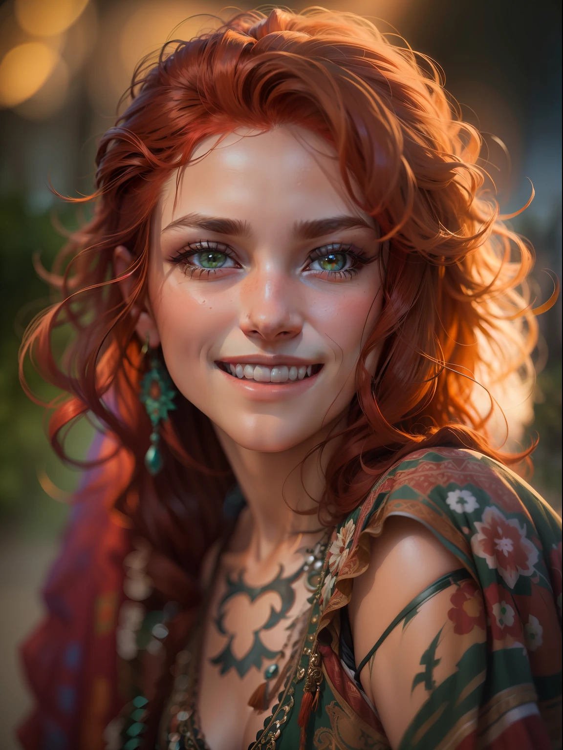 Beautiful gypsy girl, smiling at the viewer, redhead hair, green colored eyes, (8K, photo in RAW format, beste-Qualit, tmasterpiece:1.2),Ultra-detailed, (high-detailed skin:1.2), 8K UHD, DSLR camera, soft-lighting, hiquality
