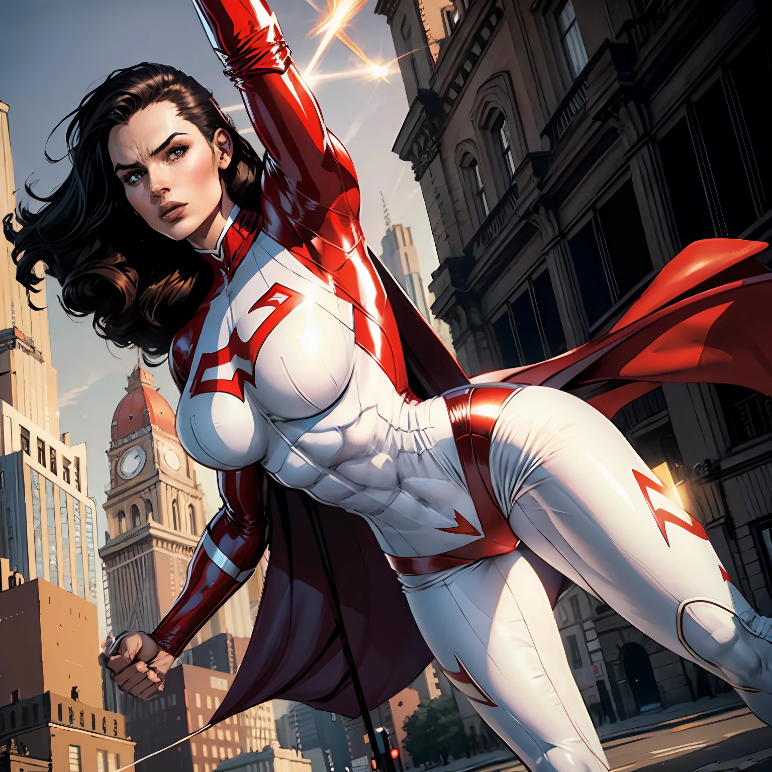 Stretcher superheroine, elastic woman, white and red spandex, stretching powers, rubber body, brunette, large breasts, city street, daytime, heroic