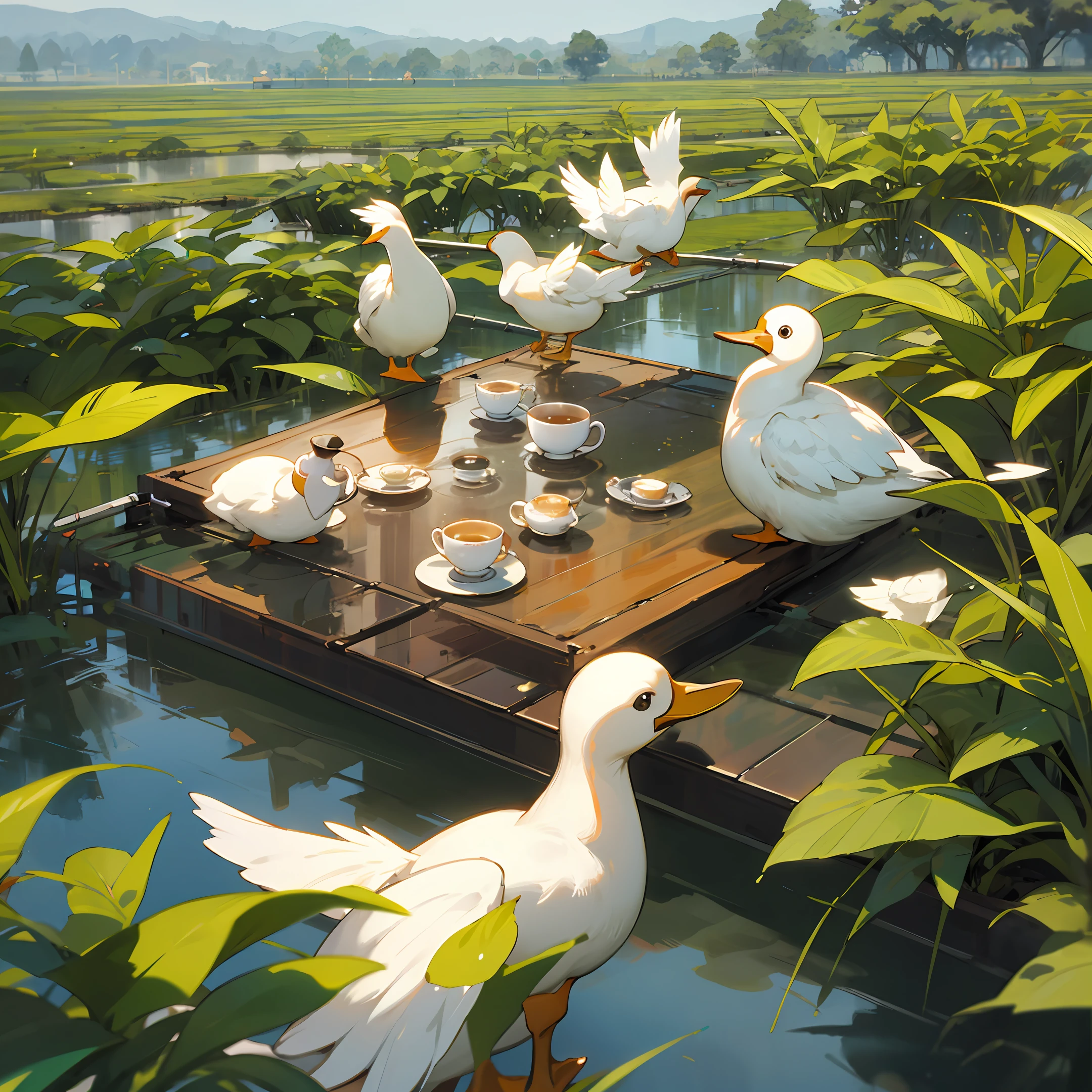 A cute duck pouring tea,Background tea plantation