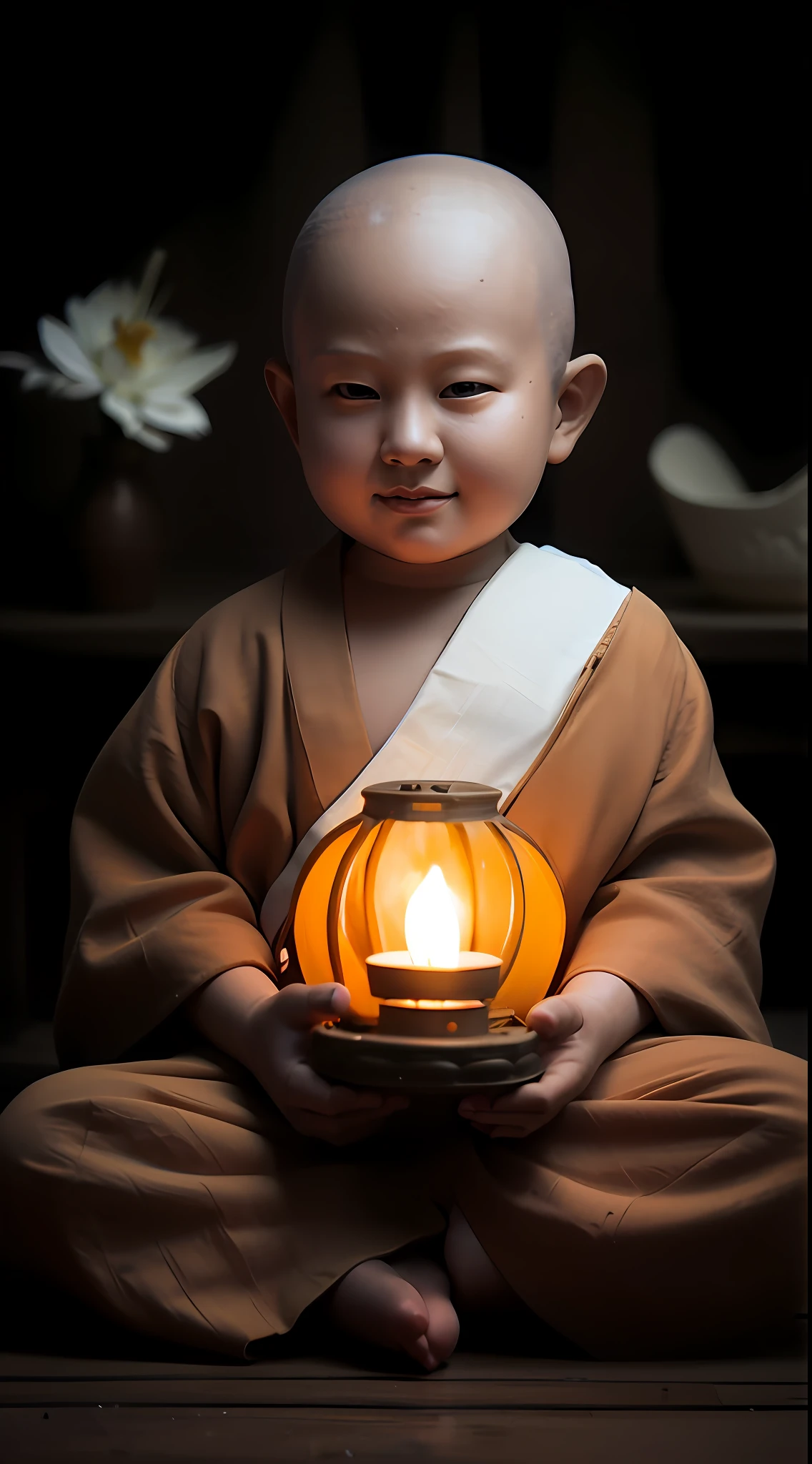 Arad  in a monk's robe，holding a lighted candle in her hand, holding a lantern, buddhist monk, Buddhist, monk clothes, ancient japanese monk, Portrait shooting, Lantern light, monk meditation, litt wearing nun outfit, Buddhist monk meditation, girl under lantern, 2 1 st century monk, monk, portrait of monk, Buddhism, On the road to enlightenment