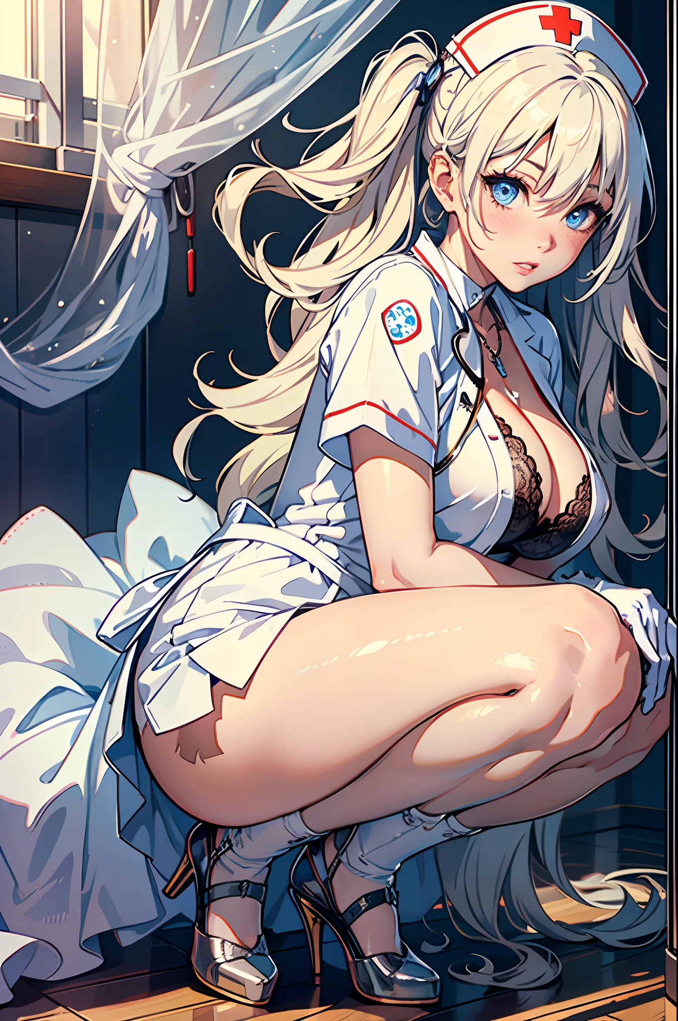 1girl in, (Solo:1.2), (Beautiful and detailed eyes description), (beautiful and detailed face), Perfect female body, neat figure, Slender waist, (Young Girl), (20 years old), Long hair, Platinum Blonde Hair, Two-side-up,Very big eyes, Blue eyes, medium breasts, blush, Shy, watery lips, Nurse, (nurse dress), Nurse Cap, Unbuttoned,White underwear with stunning lace, (White Gloves:1.2), (White pantyhose), high-heels, a necklace, Hospital bed, White curtains, Sunlight, hand between legs, Straddle the camera, Squatting, (Best Quality), (ultra-detailliert), (masuter piece), (hight resolution), (Original), (the Extremely Detailed CG Unity 8K Wallpapers), Character Design, Game CG, Detailed Manga Illustration