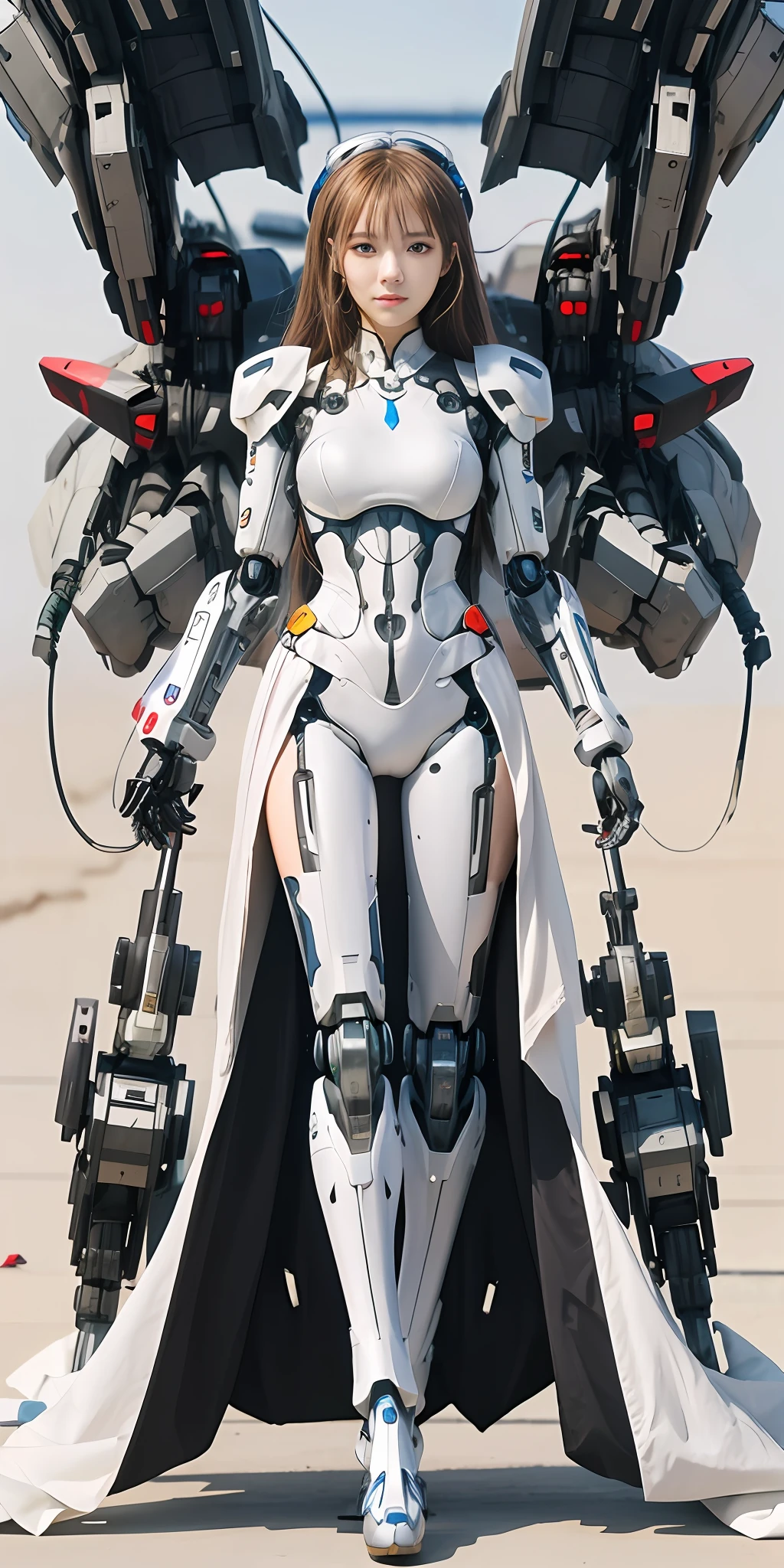 A close-up of a woman dressed in white and a large robot, girl in mecha cyber armor, Mechanized Valkyrie girl, anime robotic mixed with organic, female mecha, cyberpunk anime girl mech, perfect anime cyborg woman, Fully robotic!! Girl, girl wearing robotic suit, anime mecha aesthetic, Mecha suit, wearing techwear and armor
