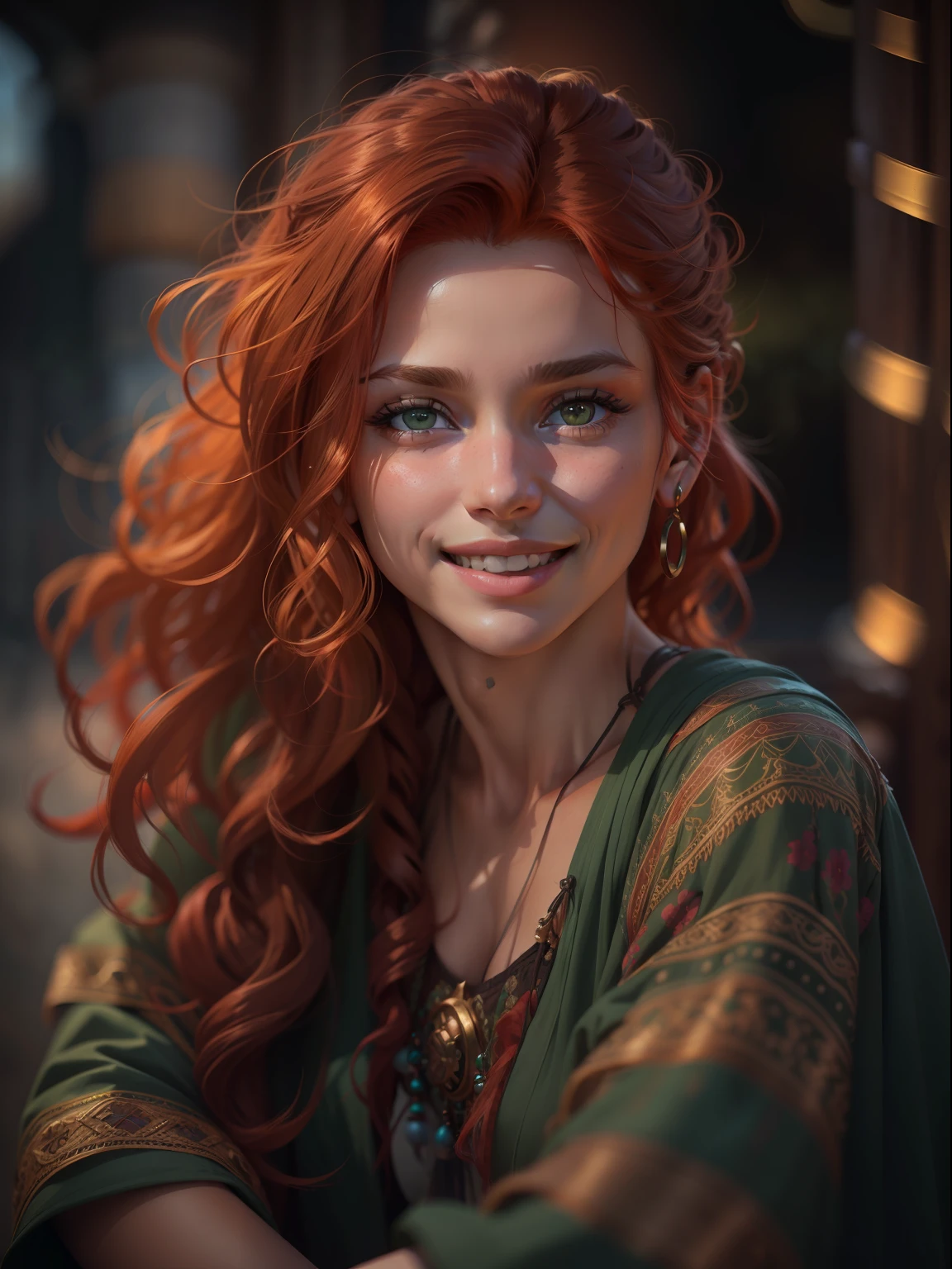 Beautiful gypsy girl, smiling at the viewer, redhead hair, green colored eyes, (8K, photo in RAW format, beste-Qualit, tmasterpiece:1.2),Ultra-detailed, (high-detailed skin:1.2), 8K UHD, DSLR camera, soft-lighting, hiquality