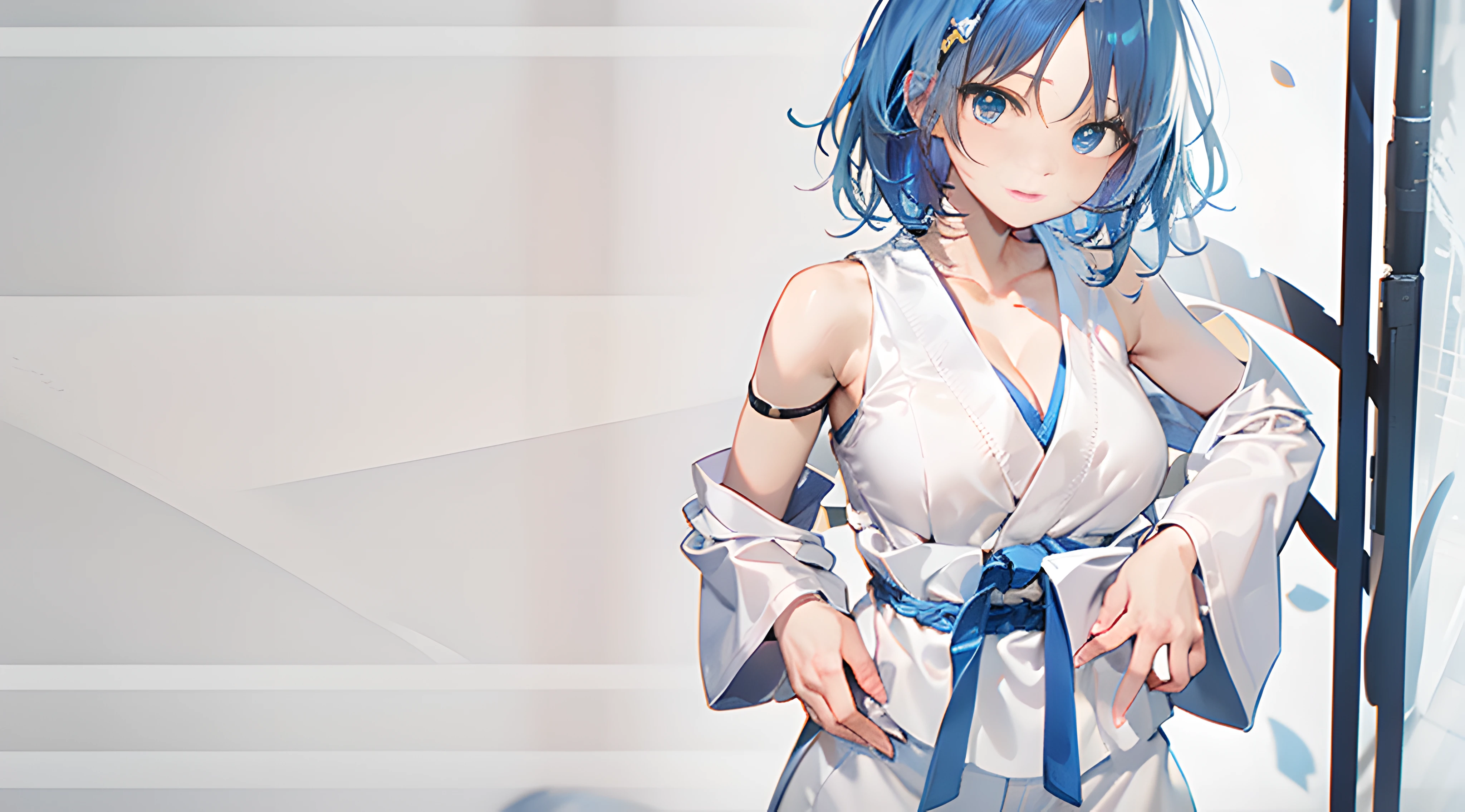 masterpiece, best quality,karate gi, 1girl, solo, short blue hair, blue eyes, arms behind back, large breasts, facing viewer, upper body, cleavage, Komono,