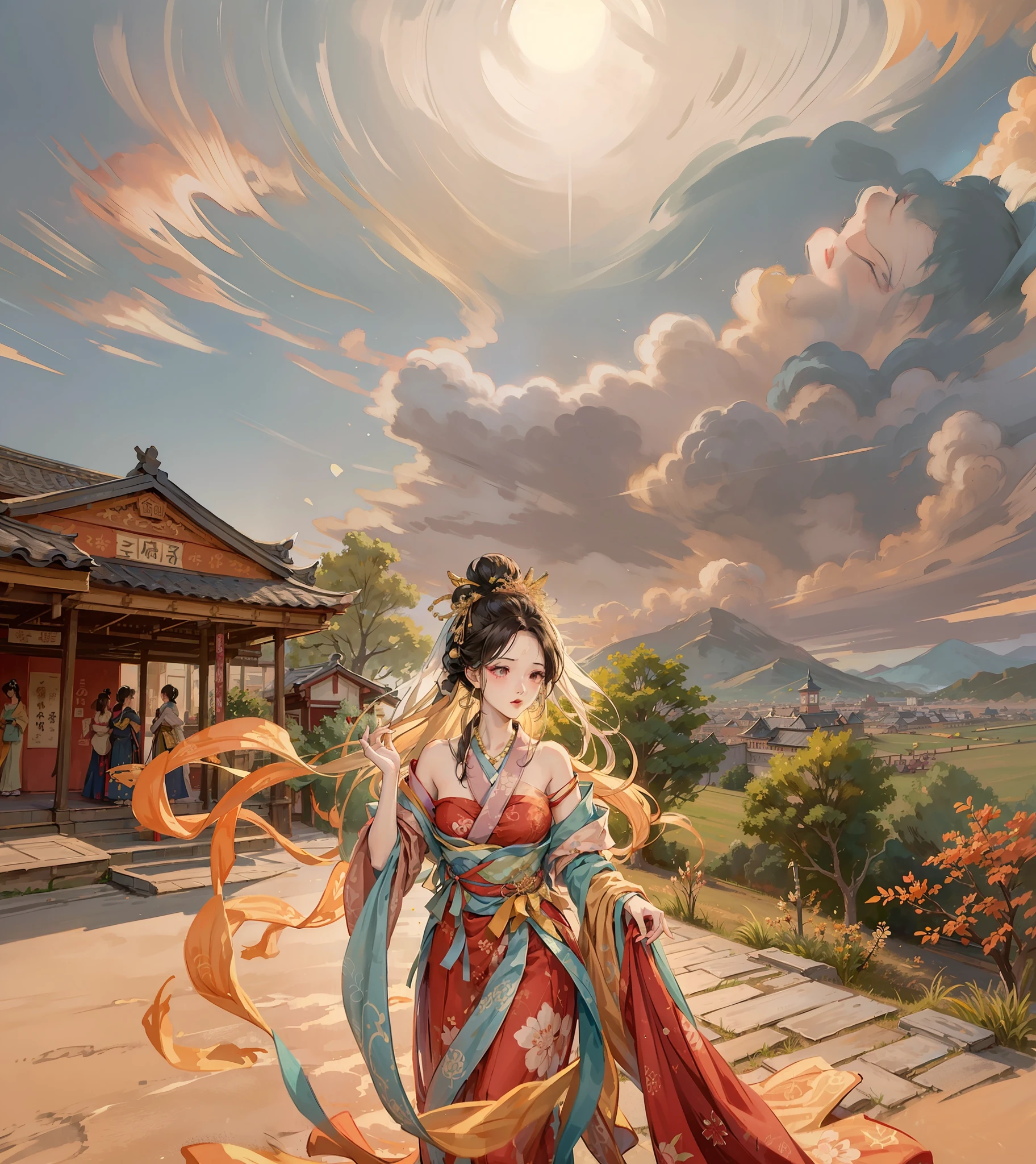 Draw a woman in a kimono skirt walking down the road, A beautiful artwork illustration, Palace ， A girl in Hanfu with delicate facial features，Beautuful Women，teens girl，long and flowing hair