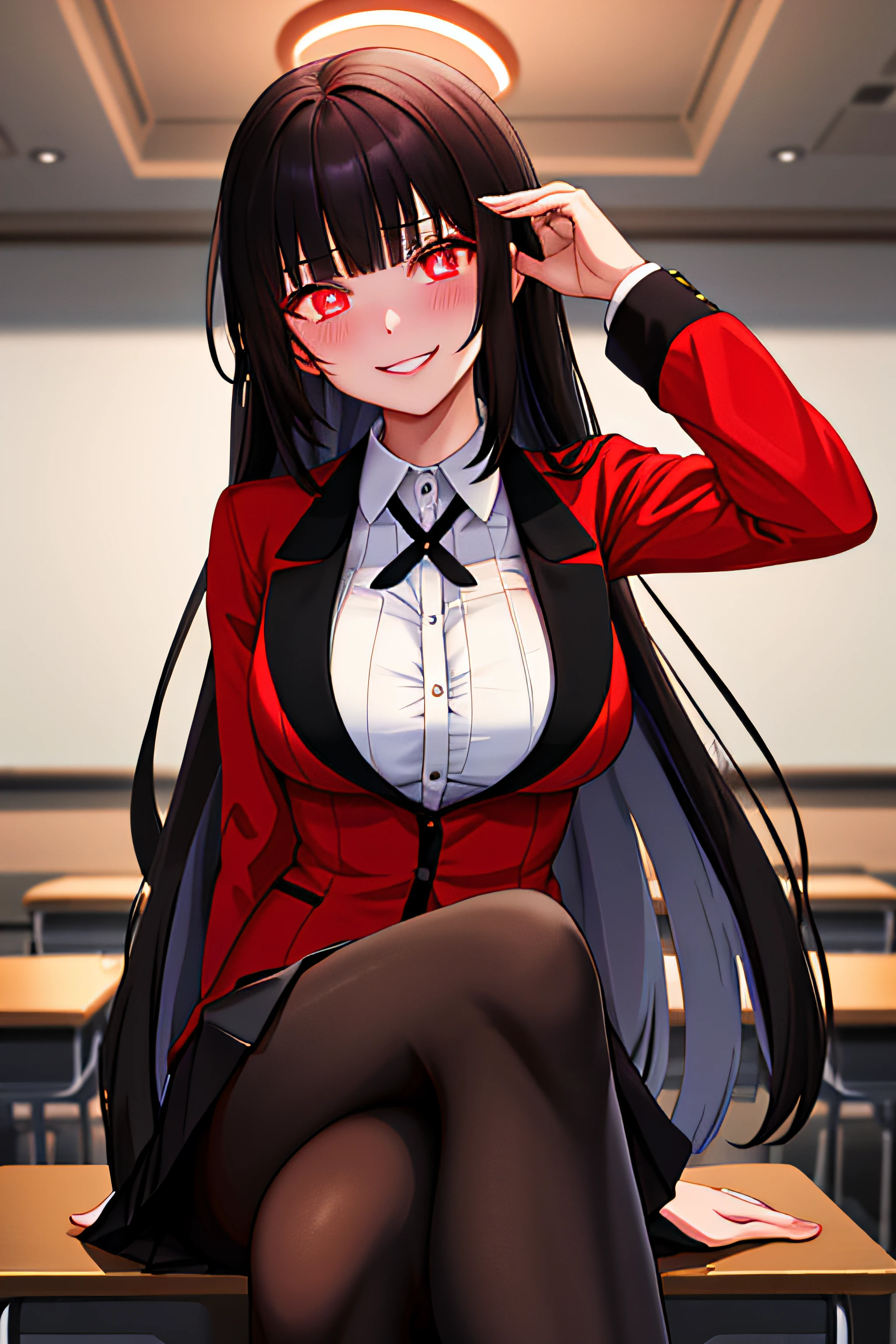 masterpiece, best quality, highres, hmjy1, long hair, blunt bangs, school uniform, red jacket, black pantyhose, white shirt, black ribbon, pleated skirt, long sleeves, cowboy shot, glowing eyes, blush, evil smile, sitting, classroom, dark background, crossed legs,