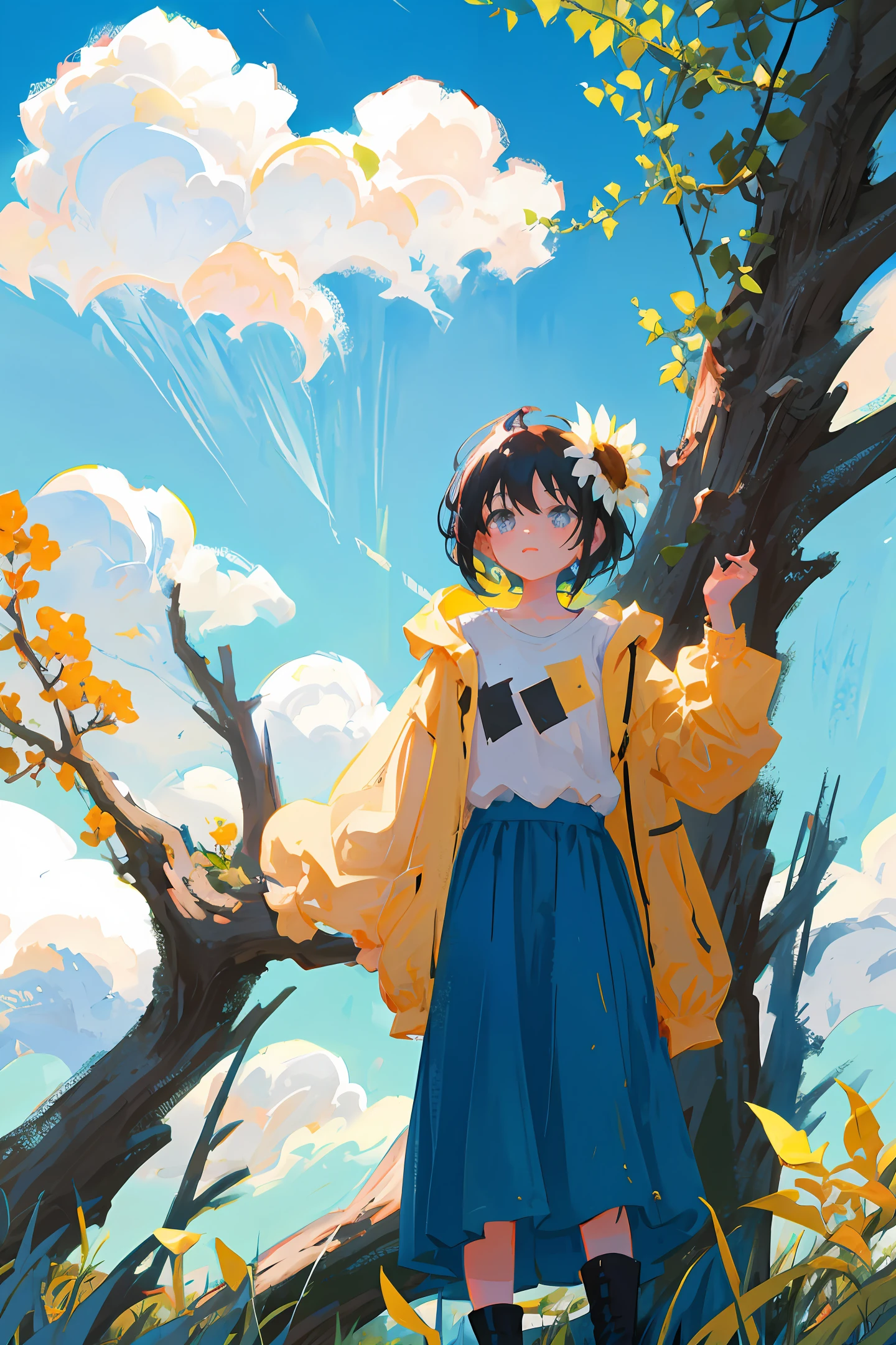 High frame rate, ultra-detailed, cute little girl cartoon character, usually a little next to a tree，There are flowers，There is grass，There are blue sky and white clouds playing happily on a sunny day