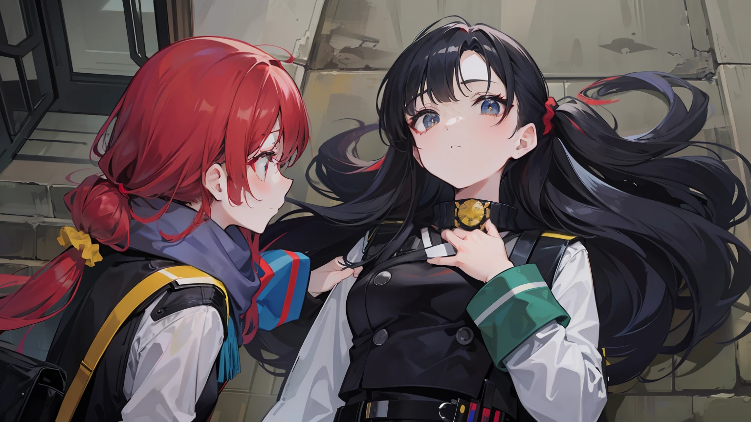 She's a little petite and、has a slender physique. She has long red curly hair and a scrunchie behind her. She wore a black military uniform with a scarf around her neck.、I have a yellow shoulder bag on my back. Tight mini skirt, Blue tights and long boots.