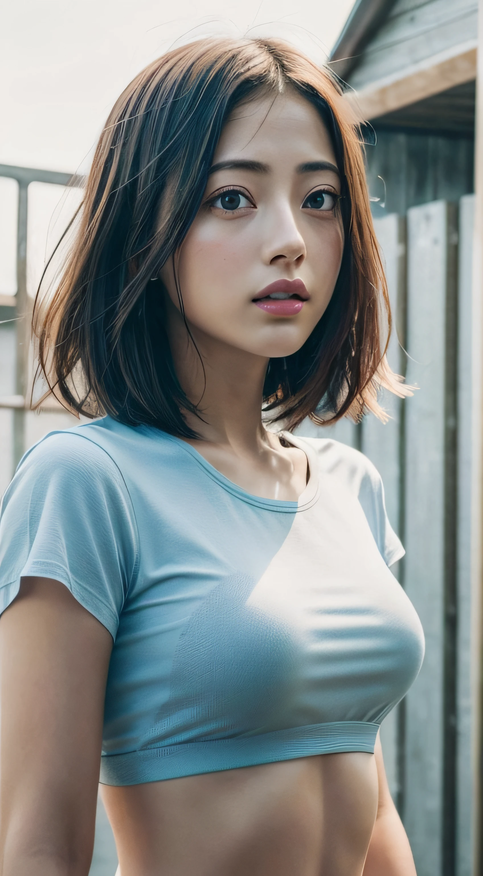 doress、(Photorealsitic:1.4)、(hyper realisitic:1.4)、(realisitic:1.3)、(Smooth lighting:1.05)、(Improved lighting quality in movies:0.9)、32K、1girl in、20 years girl、Realistic lighting、Back lighting、Facial light、raytrace、(brightened light:1.2)、(enhanced quality:1.4)、(Top quality real texture skins:1.4)、finely eye、finerly detailed face、Fine quality eye、(Tired, sleepy and satisfied:0.0)、 close up of face、tshirts、(enhance body line mood:1.1)、(Increase the beauty of skin texture:1.1)、((Satomi Ishihara))、The bikini、
