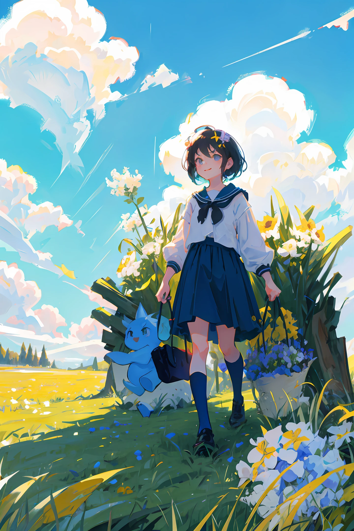High frame rate, ultra-detailed, cute little girl cartoon character, usually a little next to a tree，There are flowers，There is grass，There are blue sky and white clouds playing happily on a sunny day