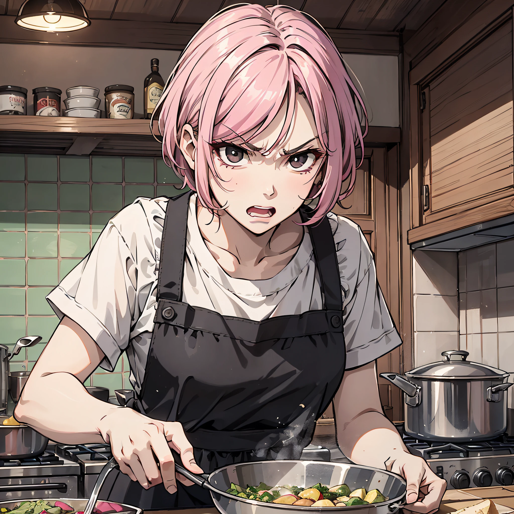 Ridiculous resolution，A high resolution，（tmasterpiece：1.4），Hyper-detailing，pink short hair, 1 middle-aged woman,, Solo, Black eyes, Angry, house wife，aprons, Take the pan，sobu，Angry