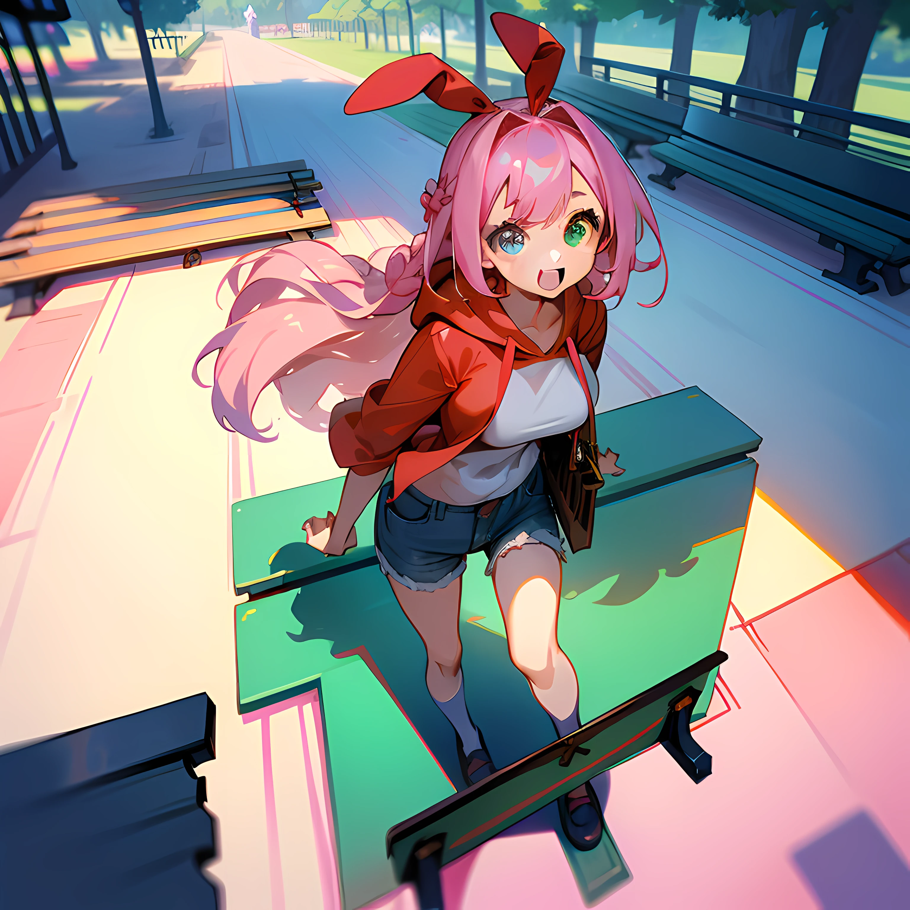 One girl. (masutepiece, of the highest quality, Kyoto Animation Style Illustration, of the highest quality, Official art, aesthetics, Beautiful details, :1. 2), BREAK, (17 years old girl), Very detailed, colourfull, highest details, BREAK, (Huge breasts: 1. 2,), Clear skin, Beautiful skin, Shy skin, with fringes, 1 beautiful girl, Break HA, 1 beautiful girl, Solo, (Heterochromia, light blue eyes and light green eyes), silhouette of star eyes, Solo, Standing figure, Happy, :D, Princess Eyes, Colossal tits, BREAK, (Braids,Light pink hair, Semi-long hair, Red ribbon at the end of the braid,girl with:1.2), Very detailed, colourfull, highest details, BREAK (girl, Cute, Cheerful, Loli face, A dark-haired、a short bob、tareme, gleaming skin, Hugging a stuffed rabbit, Playboy Bunny, Solo, (Jeans shorts:1.1),(Red Sleeveless Hoodie:1.2),BREAK,Walking,Surprised face when meeting an acquaintance,BREAK,(In the room of the park:1.3),(blocky, Benches, seesaw:1.5),( A few schoolchildren),