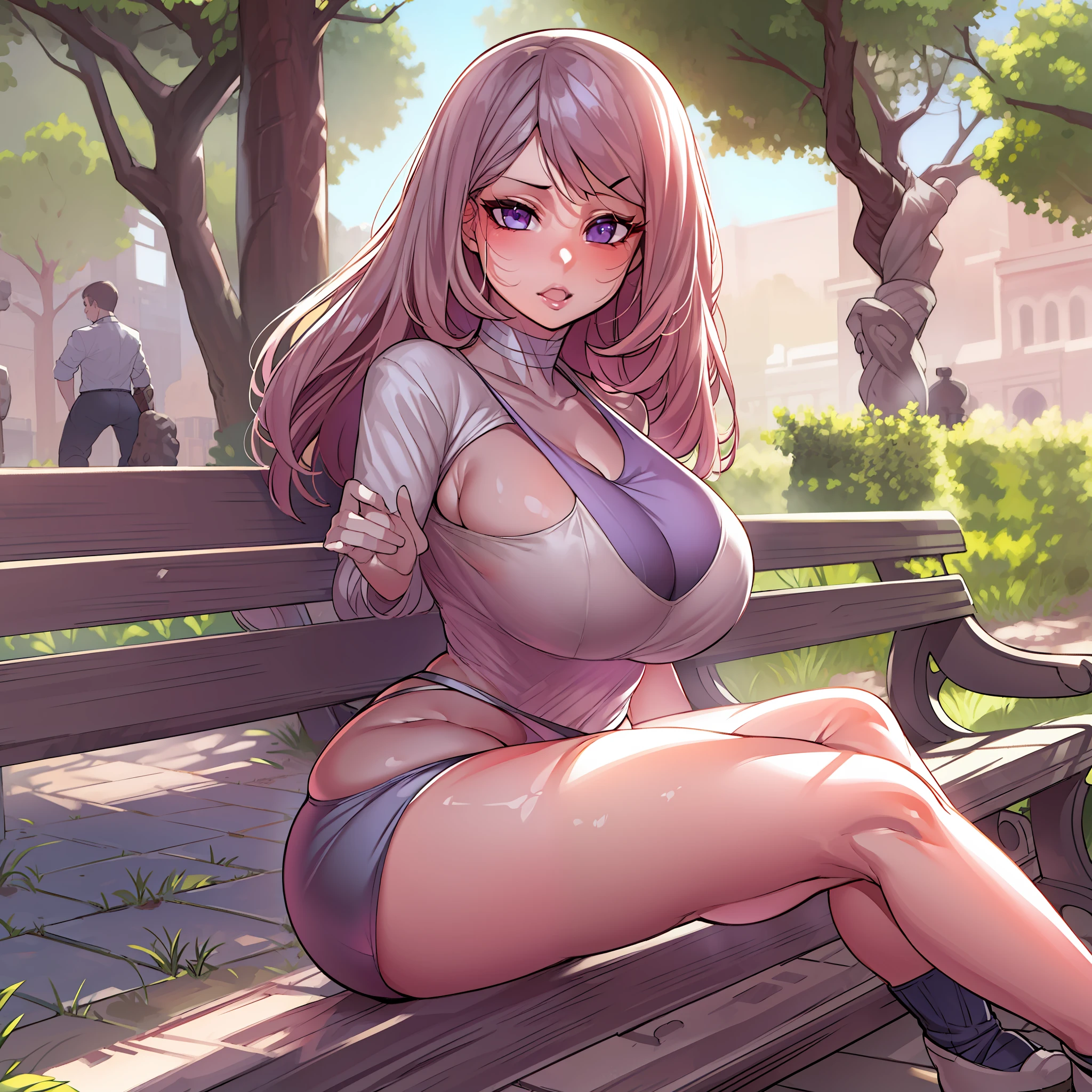 masterpiece, best quality, CG, wallpaper, HDR, high quality, high-definition, worked out, tight thong, leg spreading, open legs, intricate details, topless, pastel, cold lighting, cinematic, setting on a bench, innocent looking, bimbo, smooth skin, uniform skin colour, fabulous, hard, posing, 1girl, perfect skin, (outdoors), beautiful, seductive, erotic, streamlined body, lustrous , full body, huge boobs, ridiculously extra wide hips, huge ass, (thick lips), extremely narrow waist:1.2, micro waist, clean