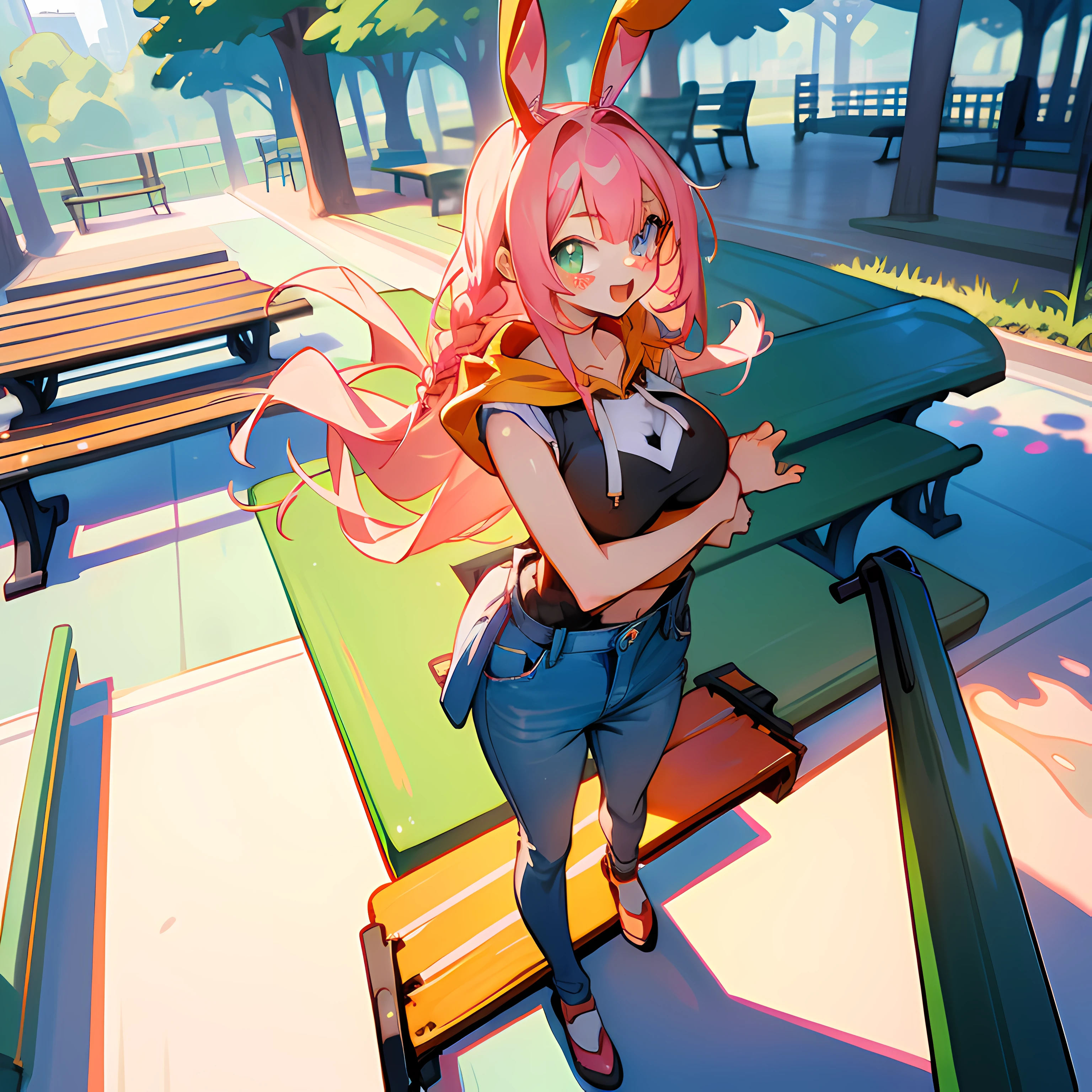 One girl. (masutepiece, of the highest quality, Kyoto Animation Style Illustration, of the highest quality, Official art, aesthetics, Beautiful details, :1. 2), BREAK, (17 years old girl), Very detailed, colourfull, highest details, BREAK, (Huge breasts: 1. 2,), Clear skin, Beautiful skin, Shy skin, with fringes, 1 beautiful girl, Break HA, 1 beautiful girl, Solo, (Heterochromia, light blue eyes and light green eyes), silhouette of star eyes, Solo, Standing figure, Happy, :D, Princess Eyes, Colossal tits, BREAK, (Braids,Light pink hair, Semi-long hair, Red ribbon at the end of the braid,girl with:1.2), Very detailed, colourfull, highest details, BREAK (girl, Cute, Cheerful, Loli face, A dark-haired、a short bob、tareme, gleaming skin, Hugging a stuffed rabbit, Playboy Bunny, Solo, (Jeans shorts:1.1),(Red Sleeveless Hoodie:1.2),BREAK,Walking,Surprised face when meeting an acquaintance,BREAK,(In the room of the park:1.3),(blocky, Benches, seesaw:1.5),( A few schoolchildren),